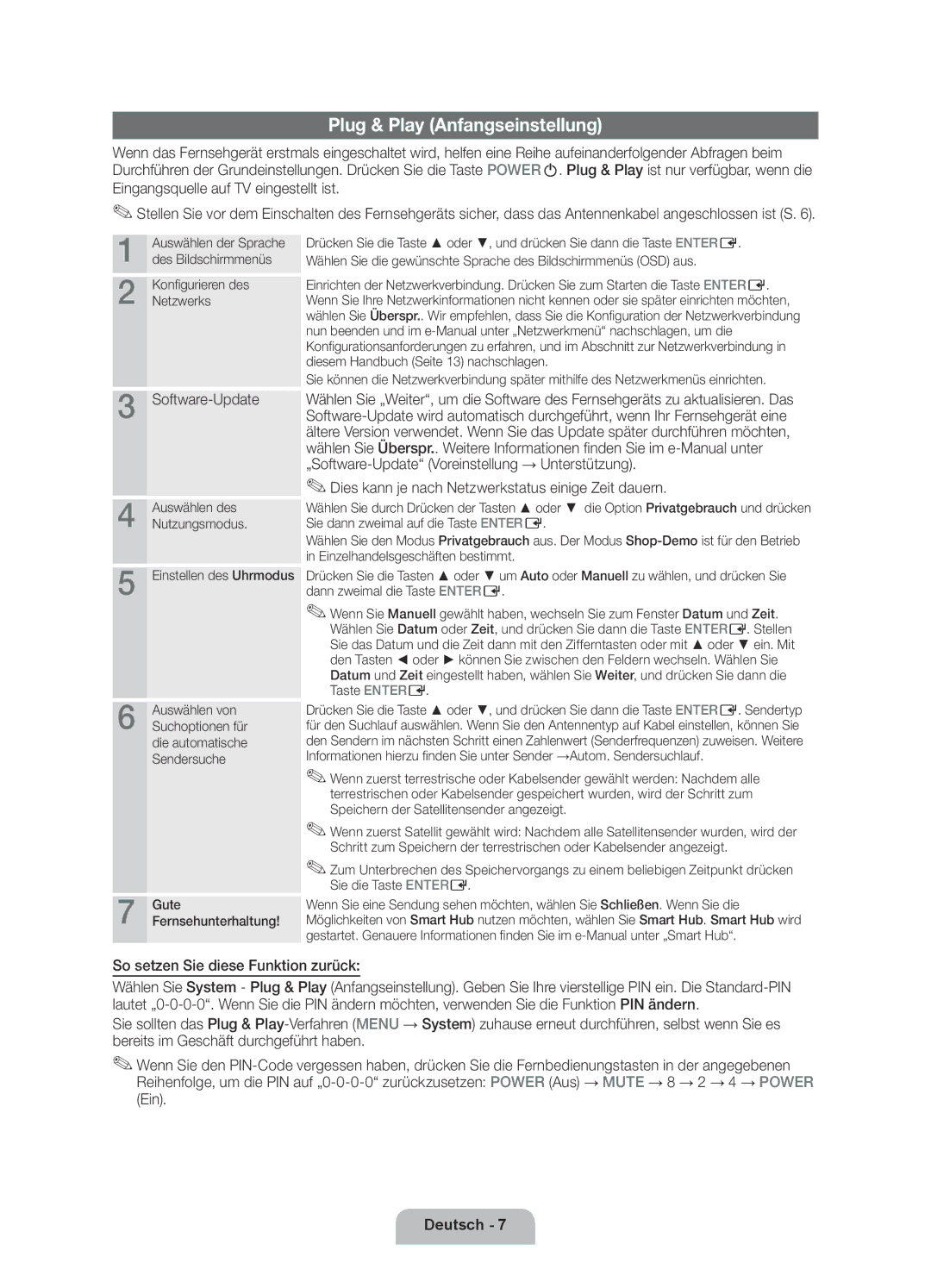 Samsung UE37D6770WSXZG manual Plug & Play Anfangseinstellung, Software-Update, So setzen Sie diese Funktion zurück 