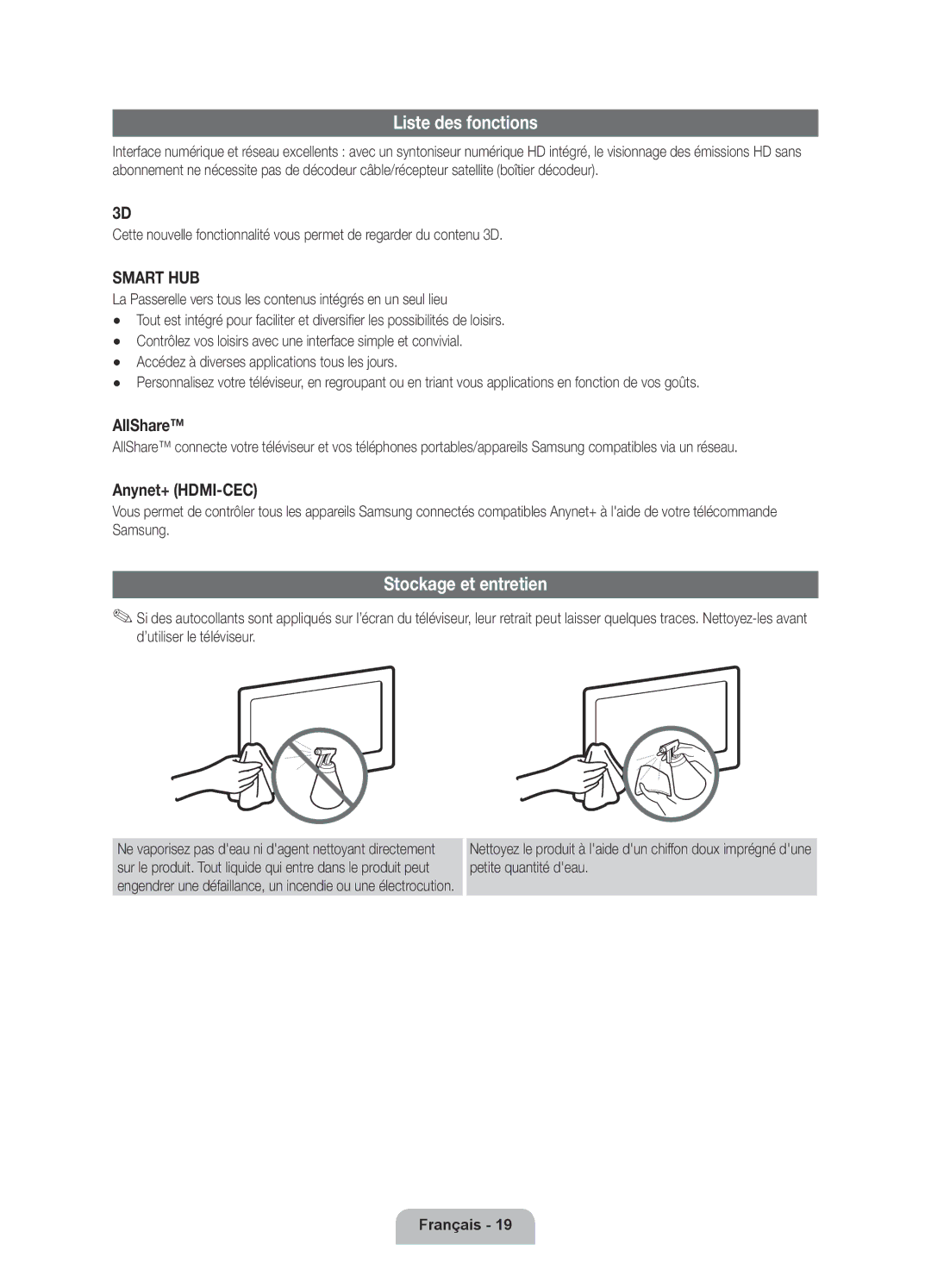 Samsung UE40D6750WSXZF, UE46D6770WSXZG, UE37D6770WSXZG, UE40D6770WSXZG manual Liste des fonctions, Stockage et entretien 