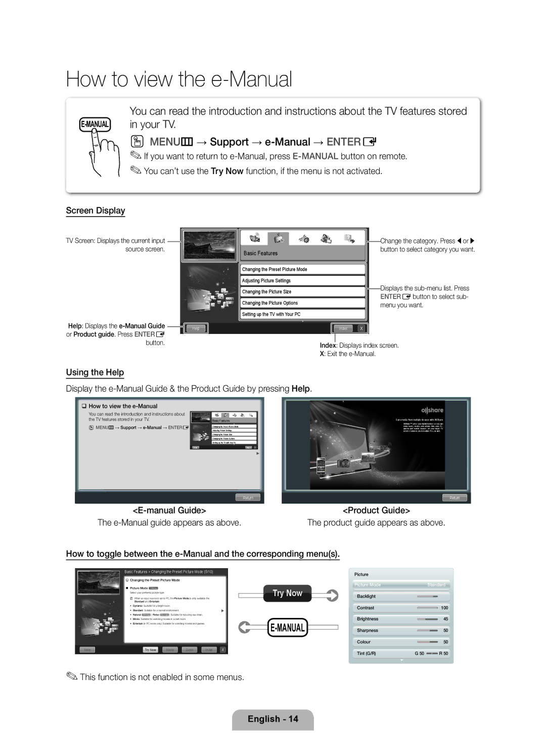 Samsung UE46D7000LSXCA, UE46D7000LSXBY, UE40D7000LSXRU How to view the e-Manual, This function is not enabled in some menus 