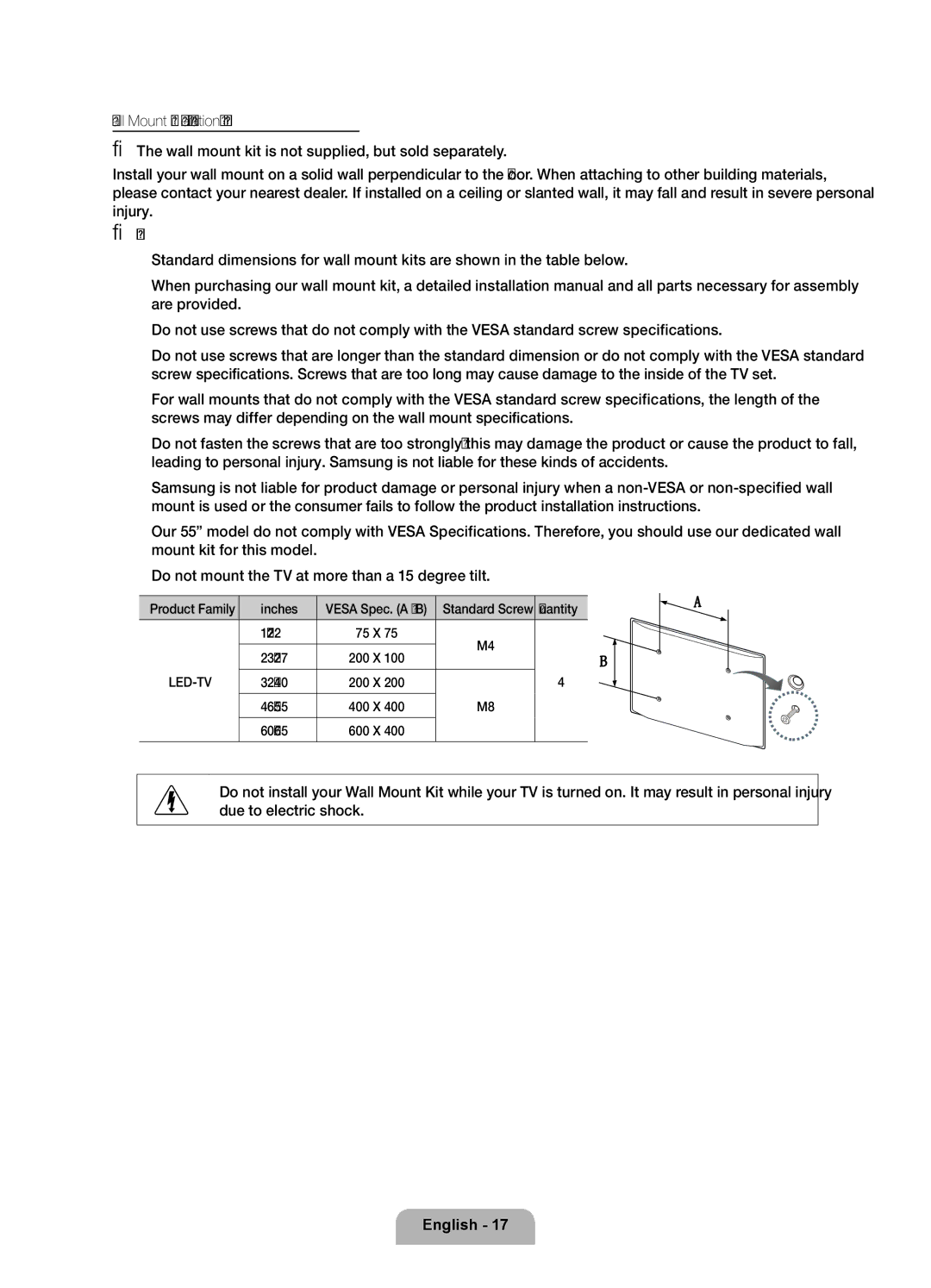 Samsung UE46D7000LSXRU, UE46D7000LSXBY, UE40D7000LSXRU Vesa Spec. a * B Standard Screw Quantity, 75 X, 200 X, 400 X, 600 X 