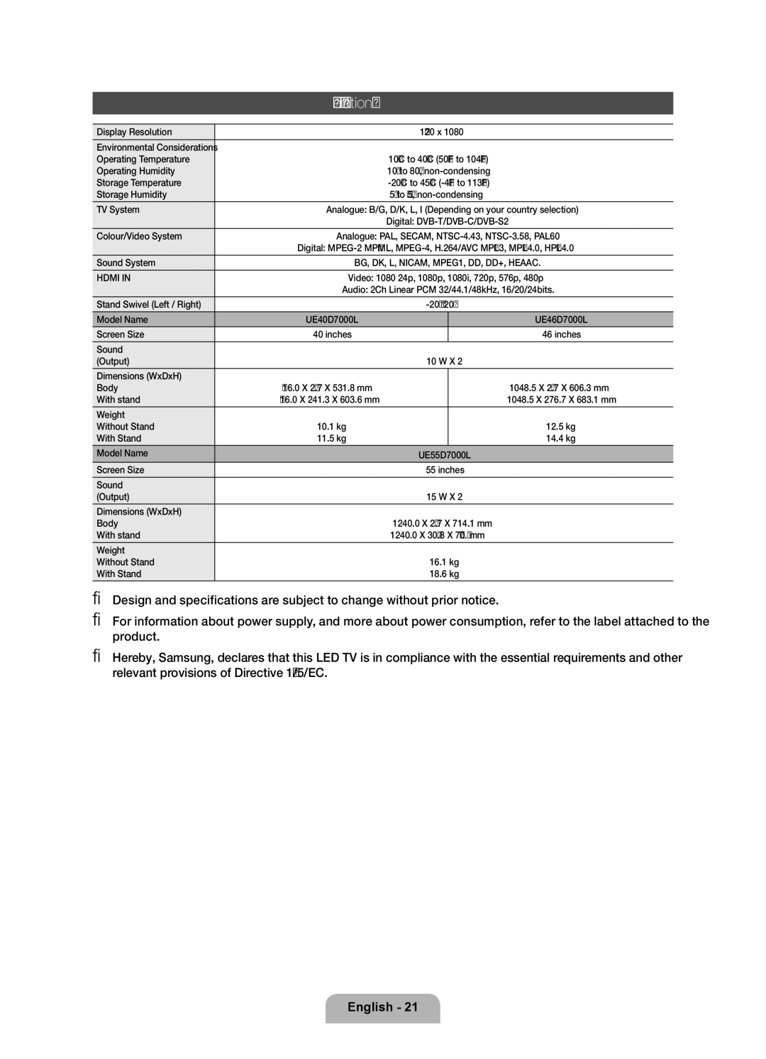 Samsung UE40D7000LSXRU, UE46D7000LSXBY, UE46D7000LSXRU, UE55D7000LSXRU, UE46D7000LSXCA manual Specifications 