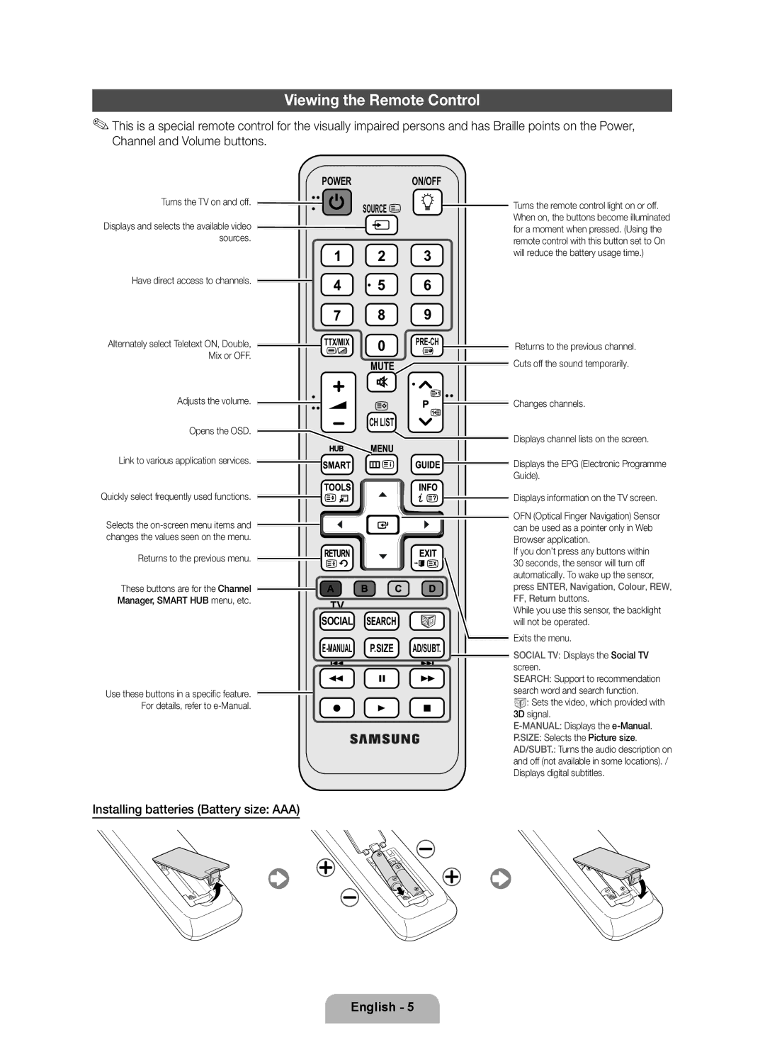 Samsung UE46D7000LSXBY, UE40D7000LSXRU, UE46D7000LSXRU Viewing the Remote Control, Installing batteries Battery size AAA 