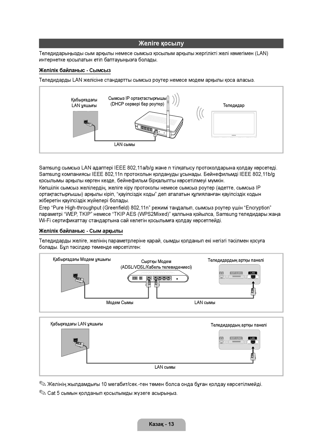 Samsung UE55D7000LSXRU manual Желіге қосылу, Интернетке қосылатын етіп баптауыңызға болады, Желілік байланыс Сымсыз 