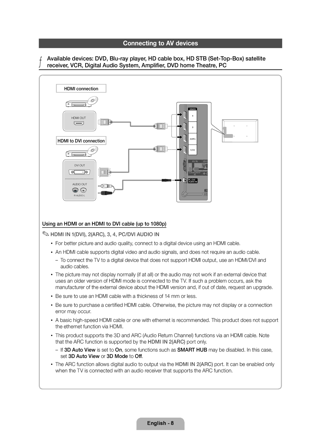 Samsung UE55D7000LSXRU, UE46D7000LSXBY manual Connecting to AV devices, Using an Hdmi or an Hdmi to DVI cable up to 1080p 