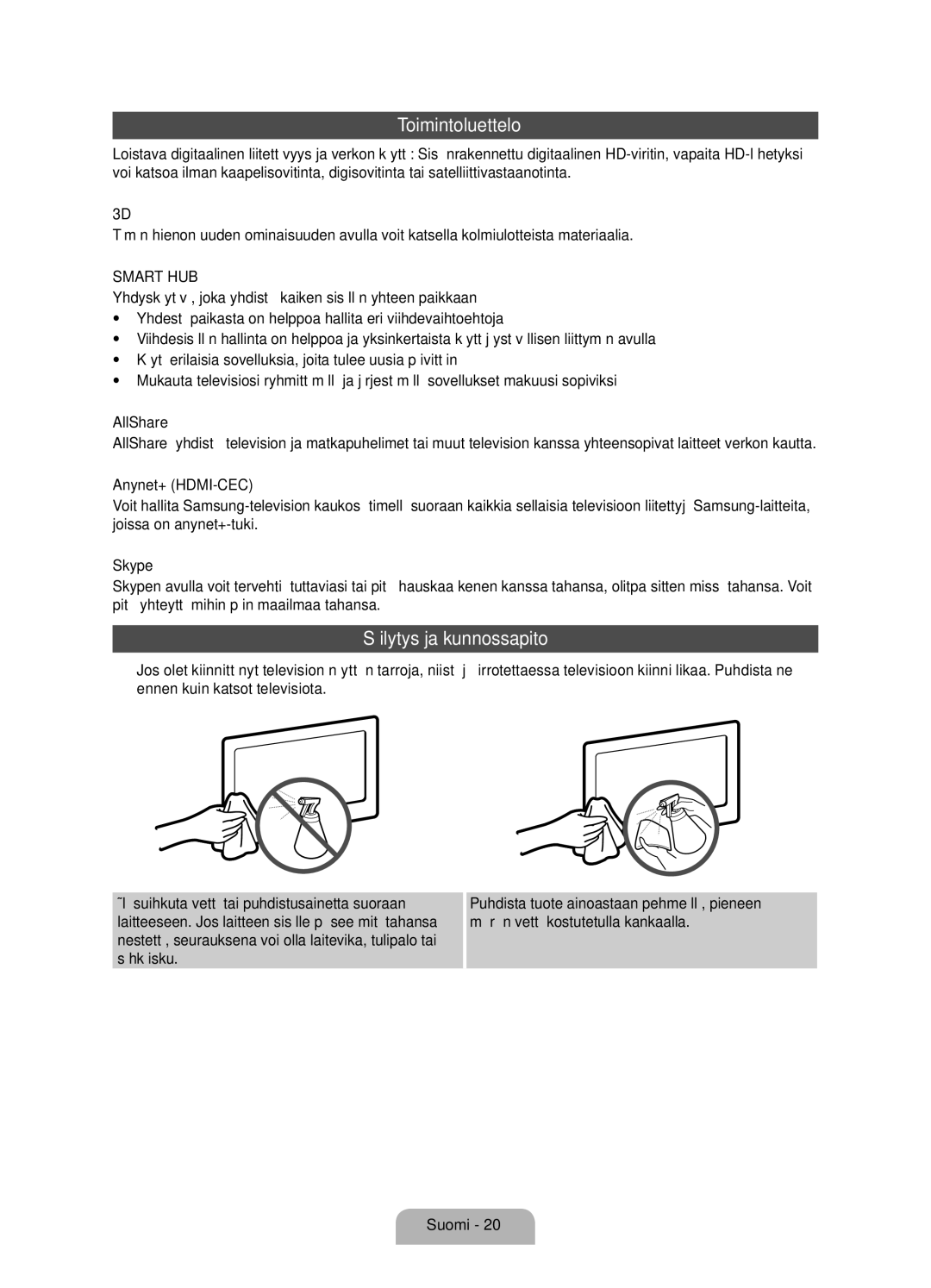 Samsung UE55D7005LUXXE, UE46D7005LUXXE, UE40D7005LUXXE manual Toimintoluettelo, Säilytys ja kunnossapito 