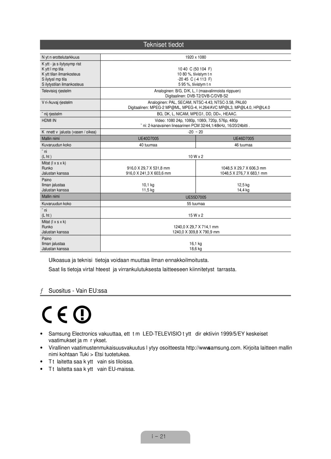 Samsung UE40D7005LUXXE, UE46D7005LUXXE, UE55D7005LUXXE manual Tekniset tiedot 