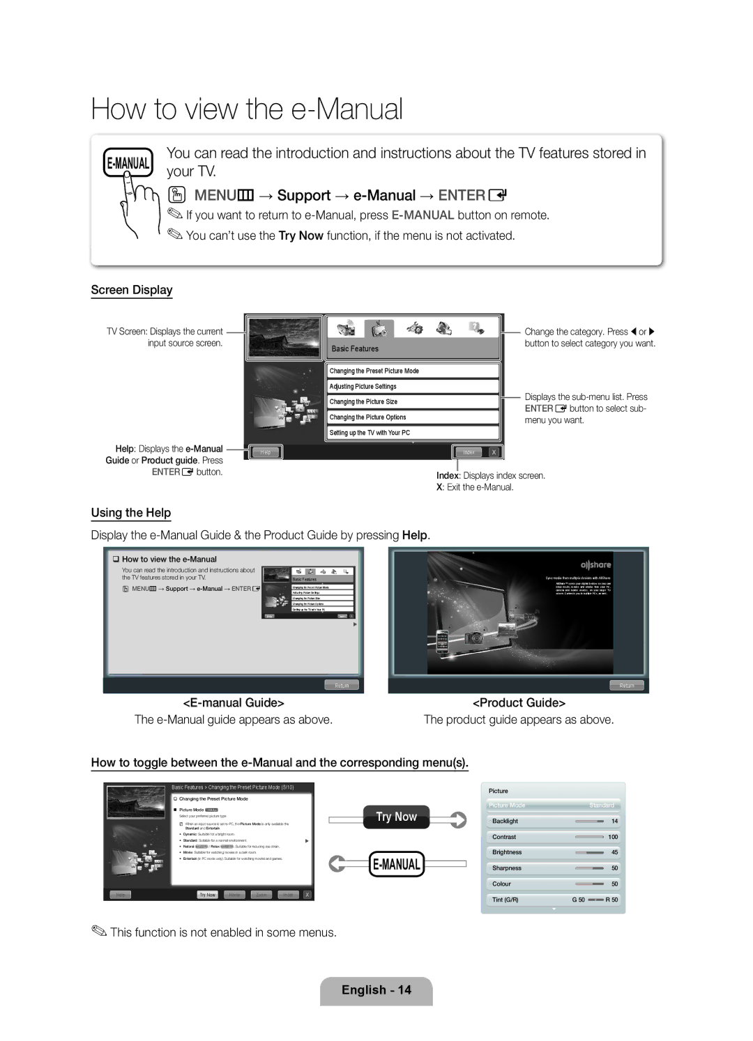 Samsung UE40D7005LUXXE, UE46D7005LUXXE MENUm → Support → e-Manual → Entere, This function is not enabled in some menus 