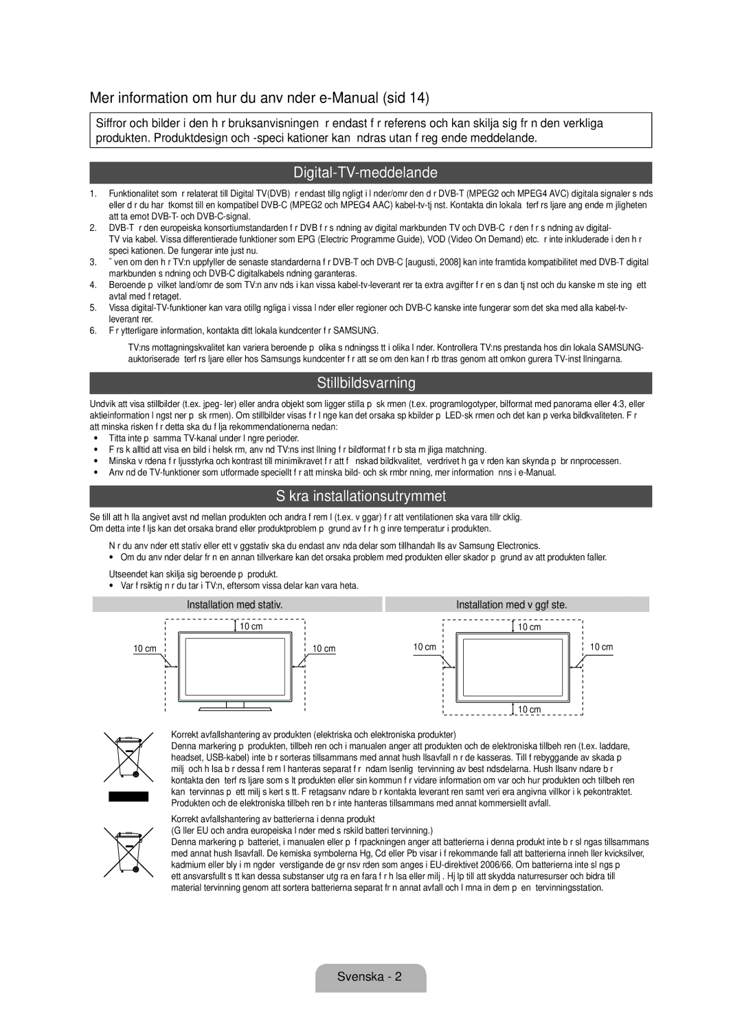 Samsung UE55D7005LUXXE manual Mer information om hur du använder e-Manual sid, Digital-TV-meddelande, Stillbildsvarning 