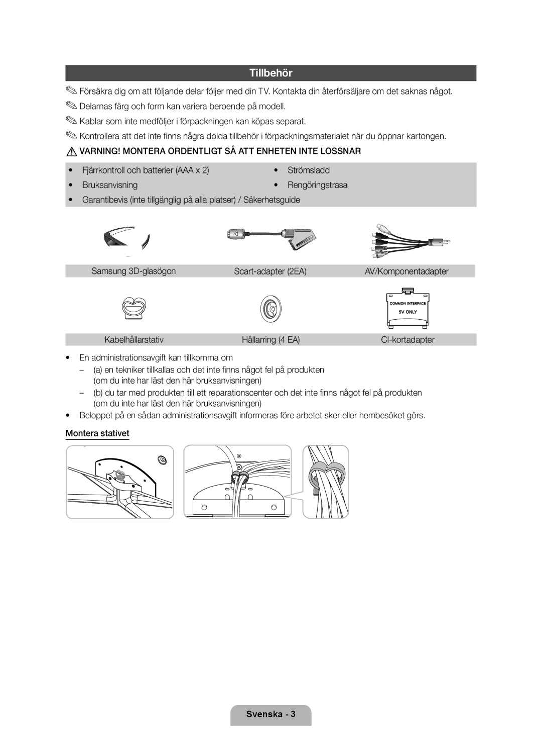 Samsung UE40D7005LUXXE, UE46D7005LUXXE manual Tillbehör, Fjärrkontroll och batterier AAA x Strömsladd Bruksanvisning 