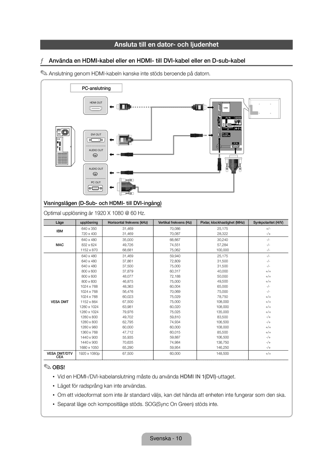 Samsung UE46D7005LUXXE, UE55D7005LUXXE, UE40D7005LUXXE manual Ansluta till en dator- och ljudenhet 