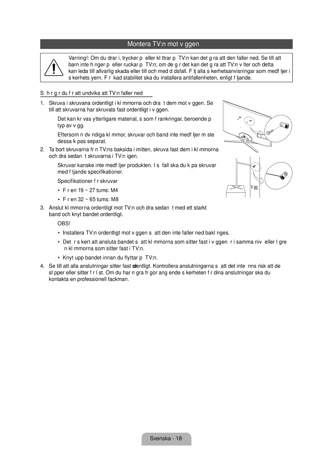 Samsung UE40D7005LUXXE, UE46D7005LUXXE, UE55D7005LUXXE manual Montera TVn mot väggen 