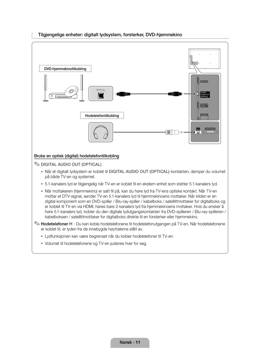 Samsung UE40D7005LUXXE, UE46D7005LUXXE, UE55D7005LUXXE manual Bruke en optisk digital hodetelefontilkobling 