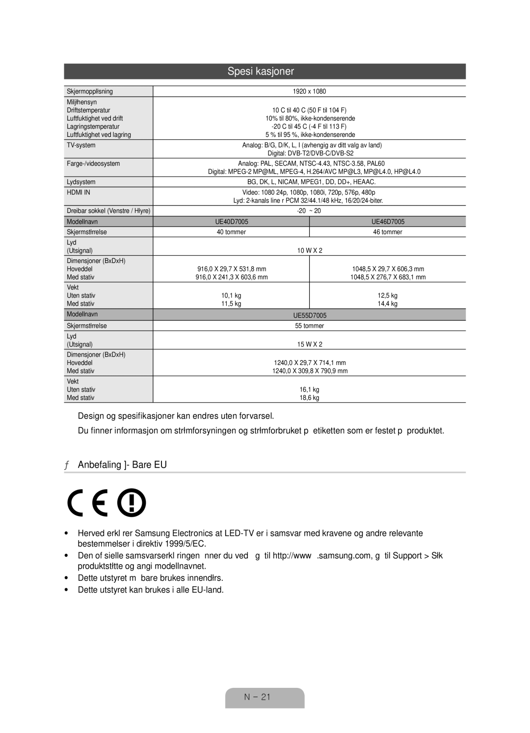 Samsung UE46D7005LUXXE, UE55D7005LUXXE, UE40D7005LUXXE manual Spesifikasjoner 