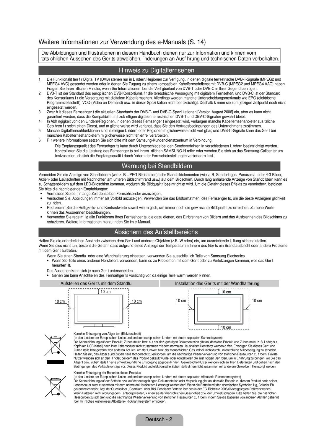 Samsung UE40D7090LSXZG manual Hinweis zu Digitalfernsehen, Warnung bei Standbildern, Absichern des Aufstellbereichs 