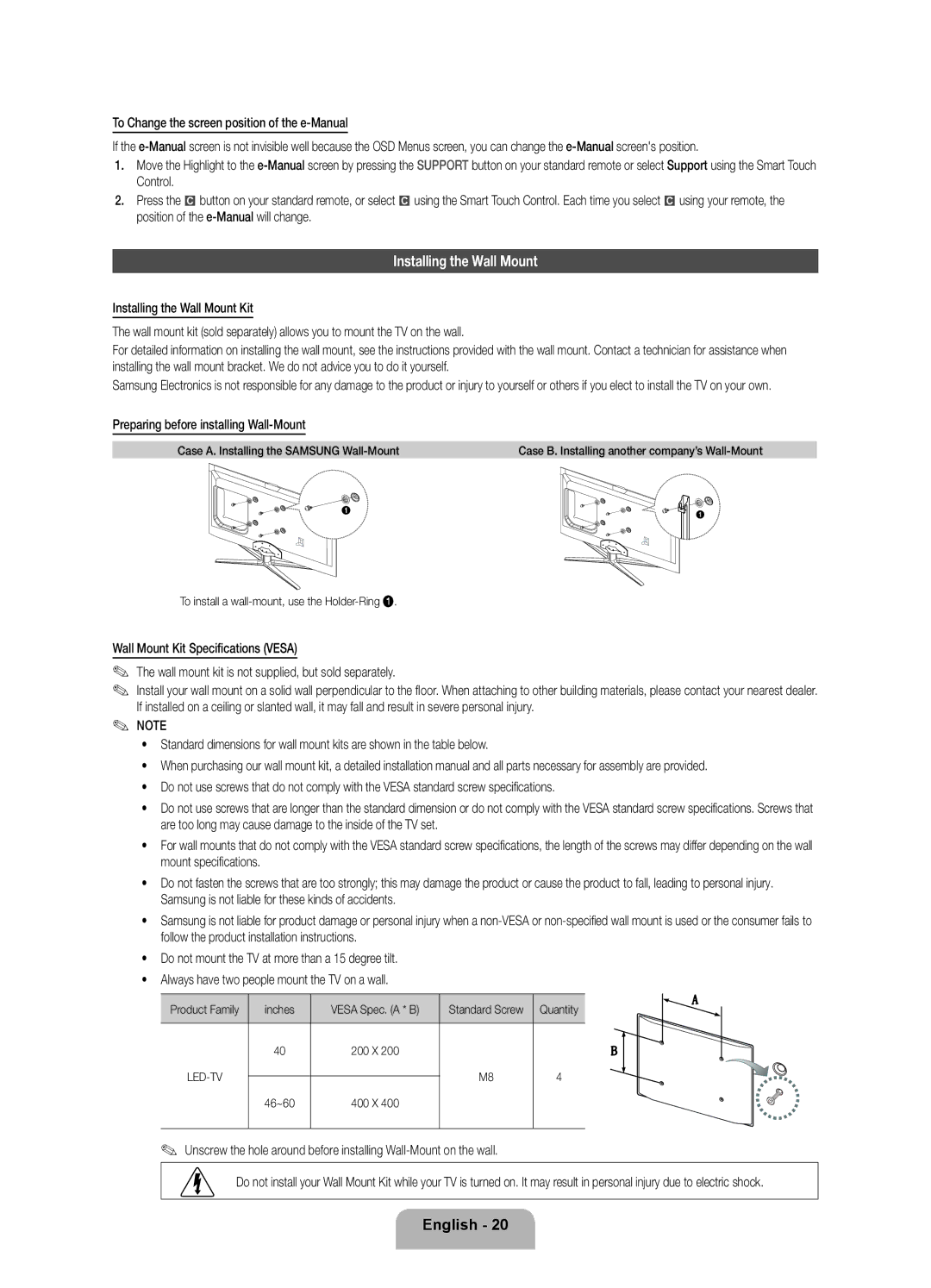 Samsung UE40D7090LSXZG, UE46D7090LSXZG Installing the Wall Mount, Preparing before installing Wall-Mount, Inches, 46~60 