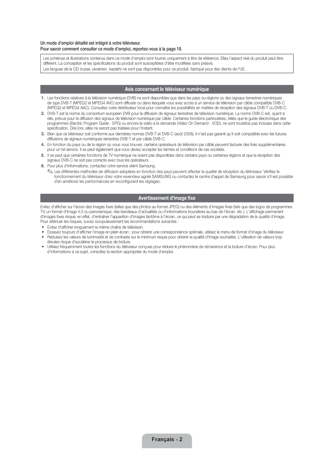 Samsung UE55ES7000SXXN manual Avis concernant le téléviseur numérique, Avertissement dimage fixe, Chaîne de télévision 