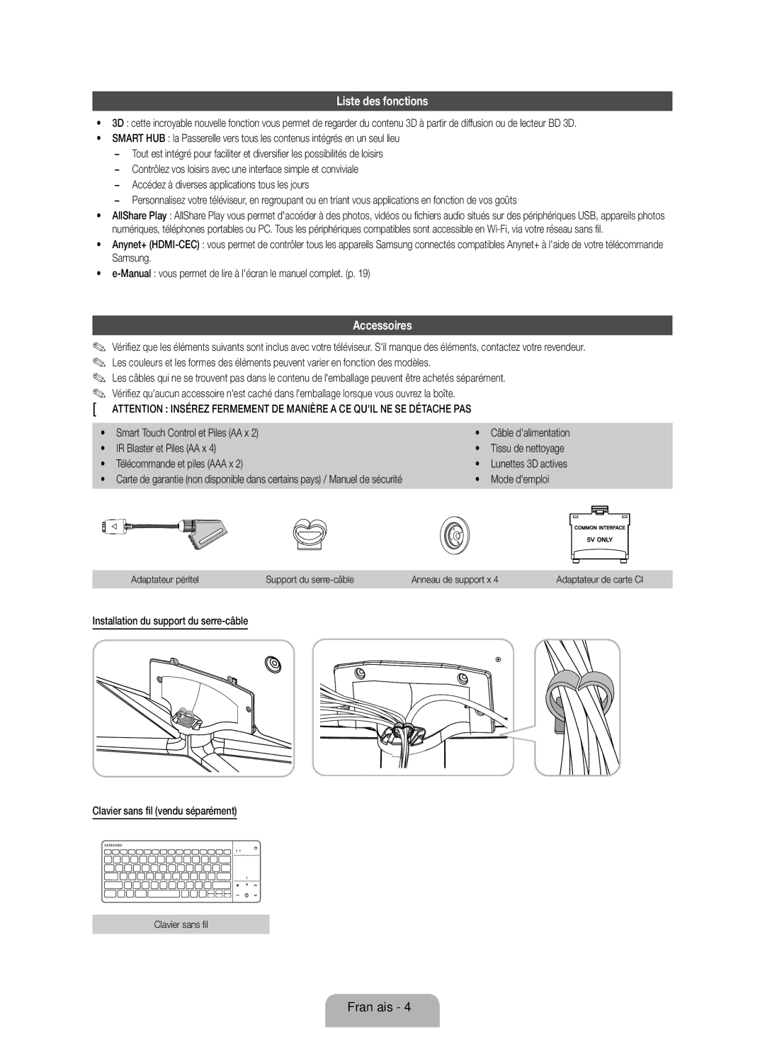 Samsung UE40ES7000SXXN, UE46D7090LSXZG, UE46ES7000SXXC, UE55ES7000SXXH, UE40D7090LSXZG manual Liste des fonctions, Accessoires 