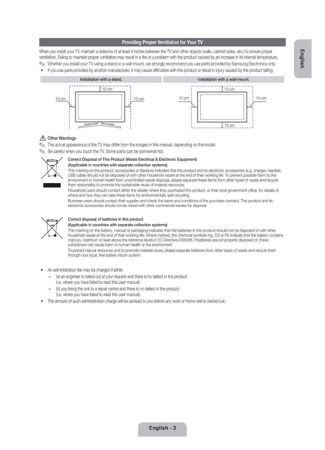 Samsung UE40D7090LSXZG, UE46D7090LSXZG, UE46ES7000SXXC manual Providing Proper Ventilation for Your TV, Other Warnings, 10 cm 