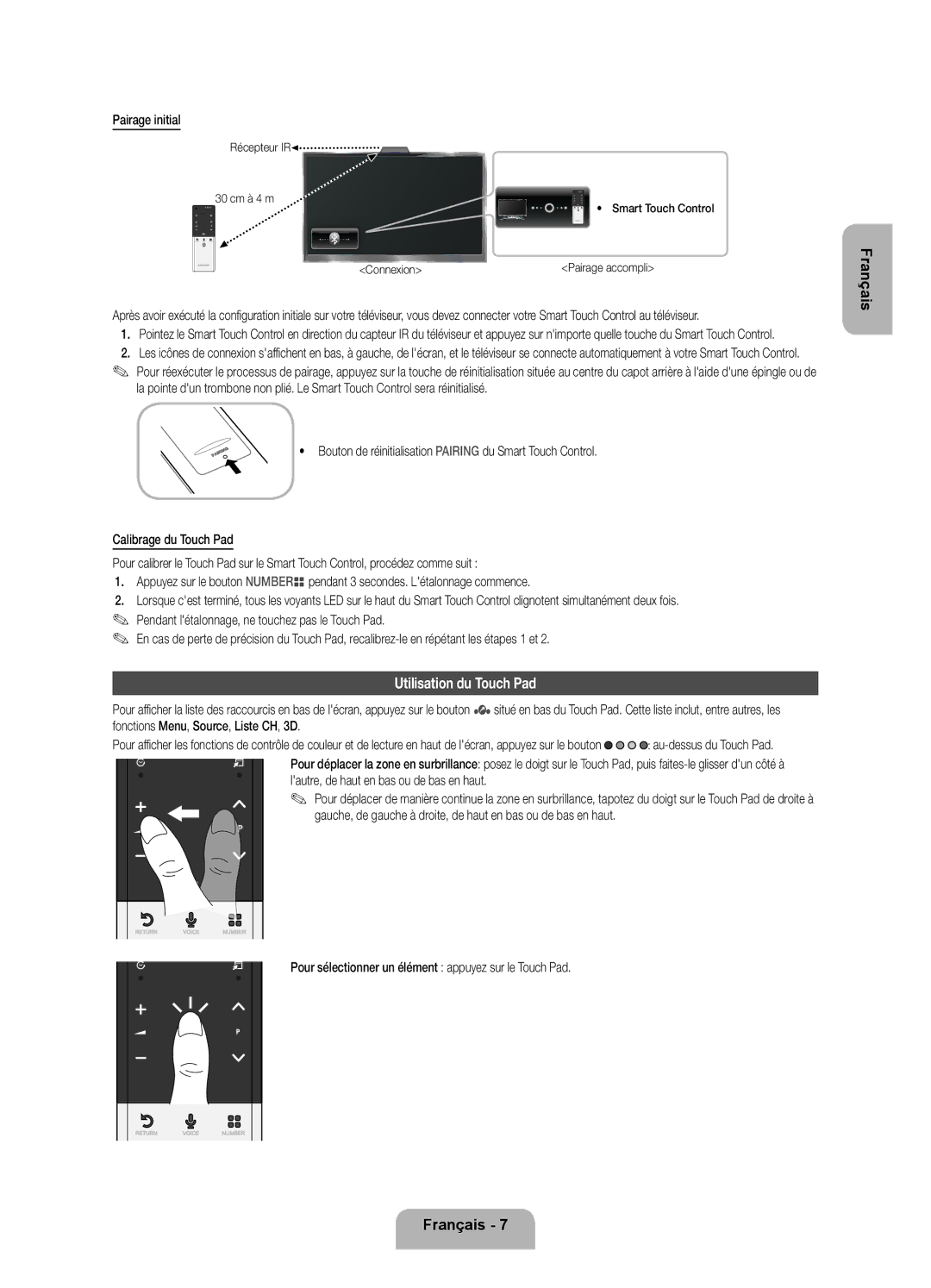 Samsung UE46ES7000SXXN Utilisation du Touch Pad, Pairage initial, Pour sélectionner un élément appuyez sur le Touch Pad 