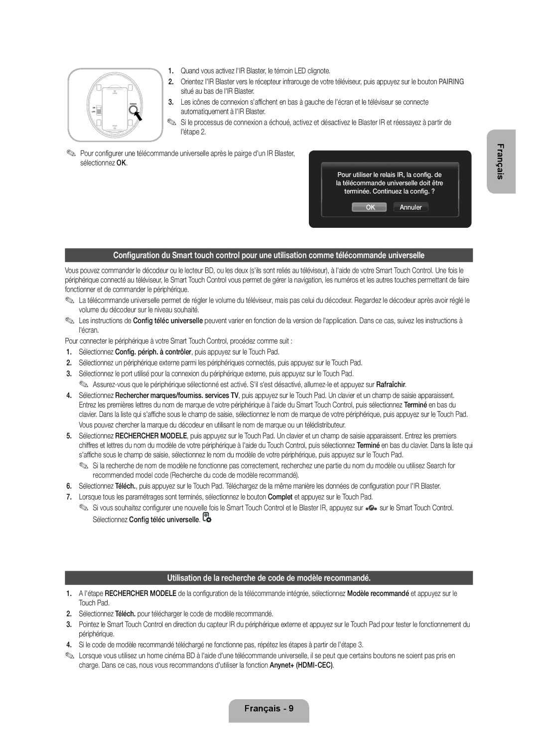 Samsung UE46ES7000SXZF, UE46D7090LSXZG, UE46ES7000SXXC manual Utilisation de la recherche de code de modèle recommandé 