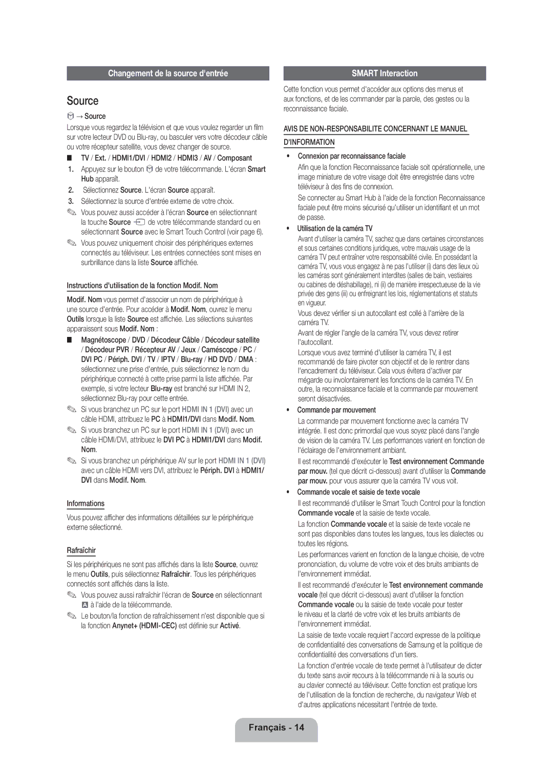 Samsung UE40D7090LSXZG manual Changement de la source dentrée, Instructions dutilisation de la fonction Modif. Nom 