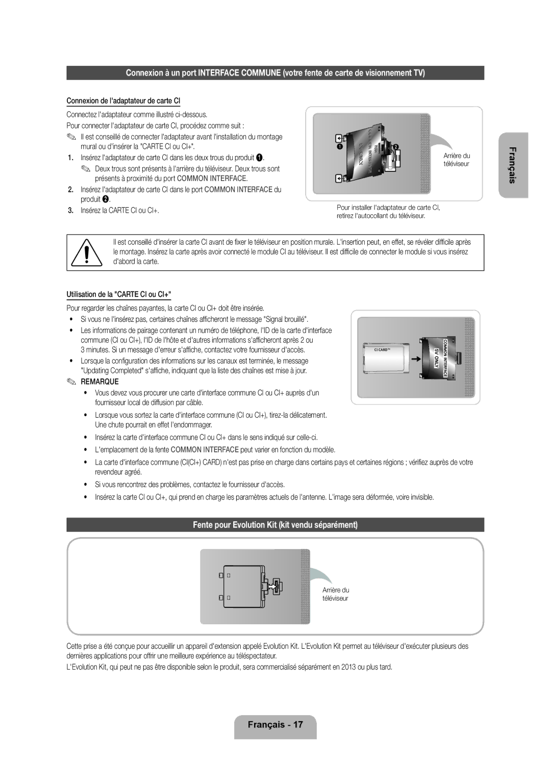 Samsung UE55ES7000SXTK, UE46D7090LSXZG, UE46ES7000SXXC, UE55ES7000SXXH manual Fente pour Evolution Kit kit vendu séparément 