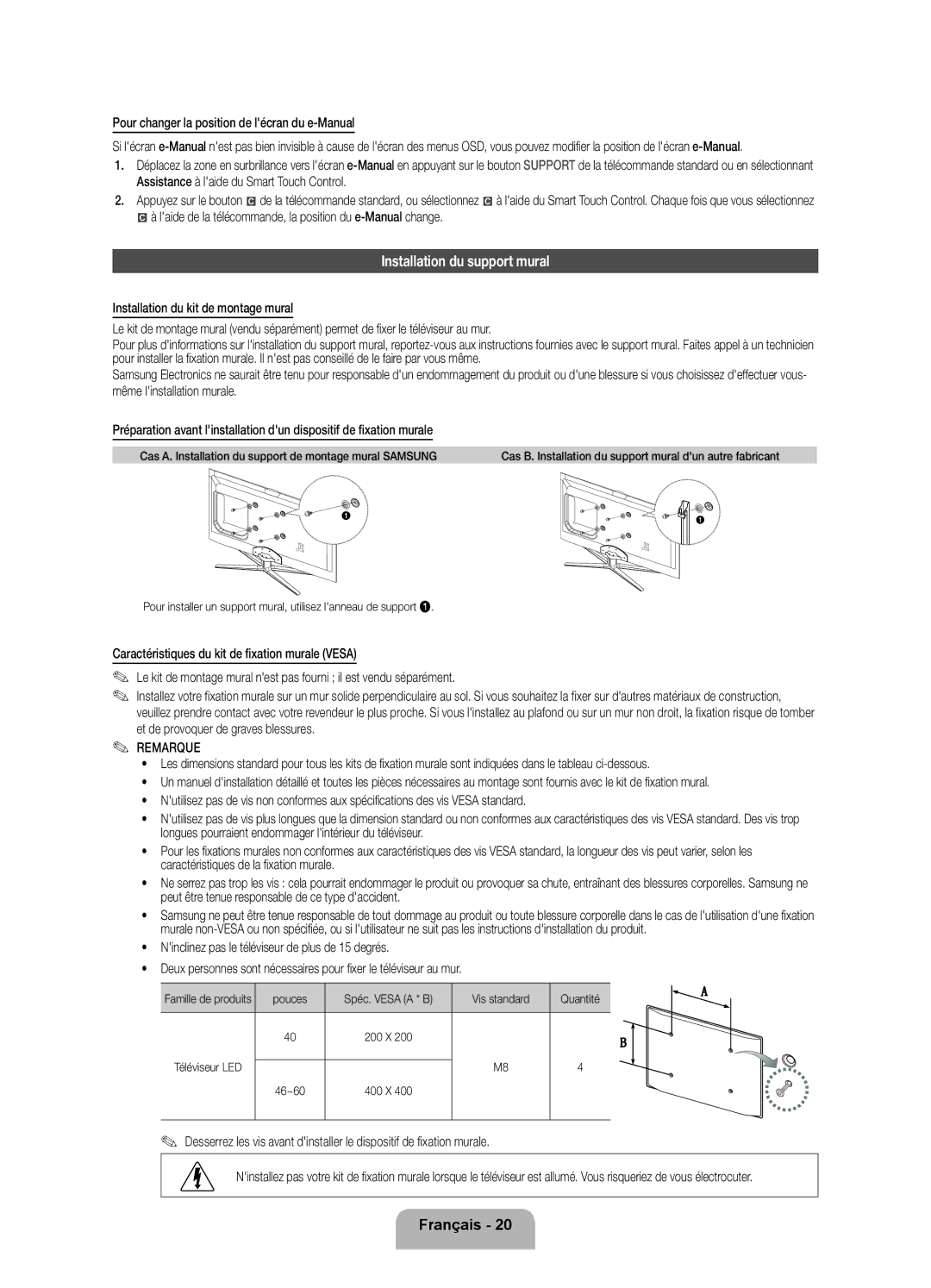 Samsung UE46ES7000SXTK, UE46D7090LSXZG manual Installation du support mural, Pour changer la position de lécran du e-Manual 