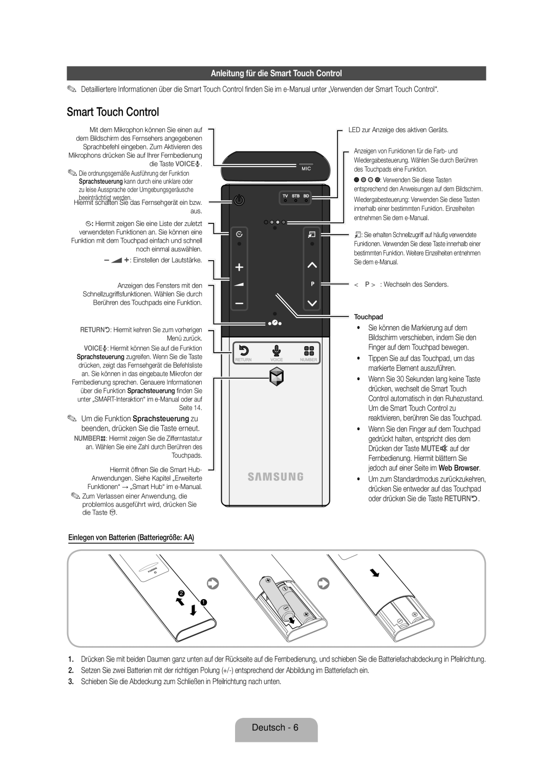 Samsung UE46ES7000SXXC, UE46D7090LSXZG manual Anleitung für die Smart Touch Control, Einlegen von Batterien Batteriegröße AA 