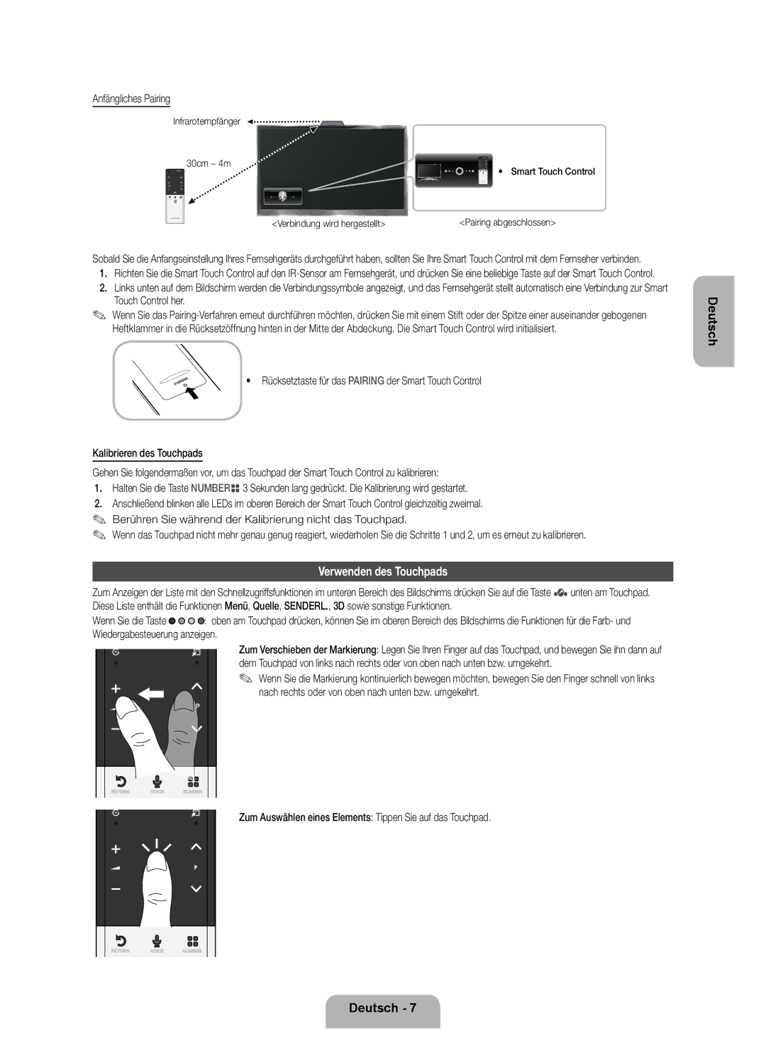 Samsung UE55ES7000SXXH, UE46D7090LSXZG, UE46ES7000SXXC, UE40D7090LSXZG manual Verwenden des Touchpads, Anfängliches Pairing 
