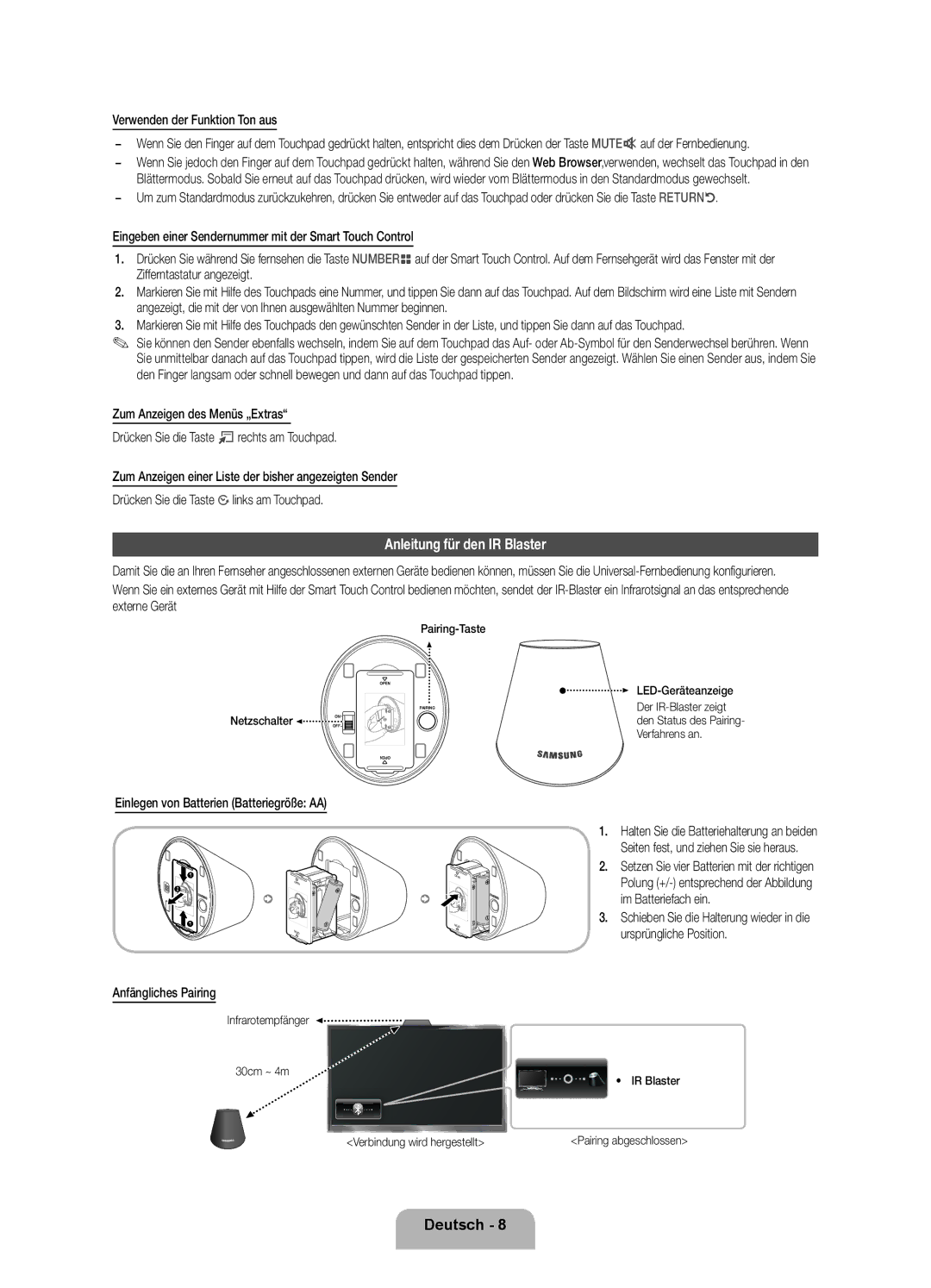 Samsung UE40D7090LSXZG Anleitung für den IR Blaster, Verwenden der Funktion Ton aus, Pairing-Taste, LED-Geräteanzeige 