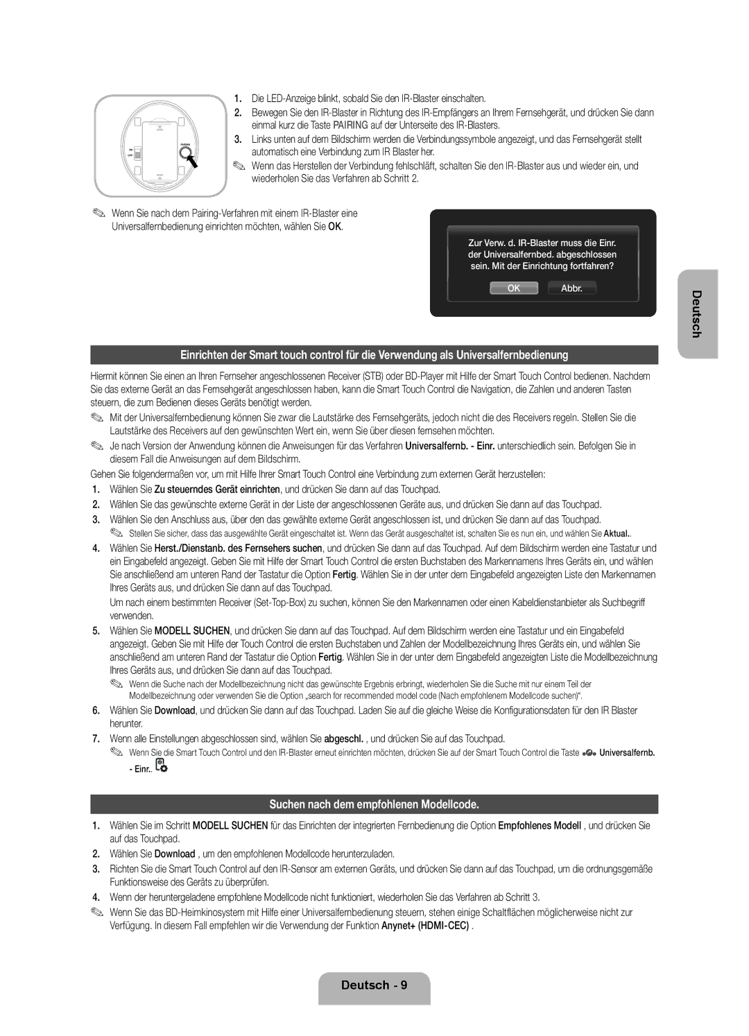 Samsung UE40ES7000SXXC manual Suchen nach dem empfohlenen Modellcode, PENOwiederholen Sie das Verfahren ab Schritt 