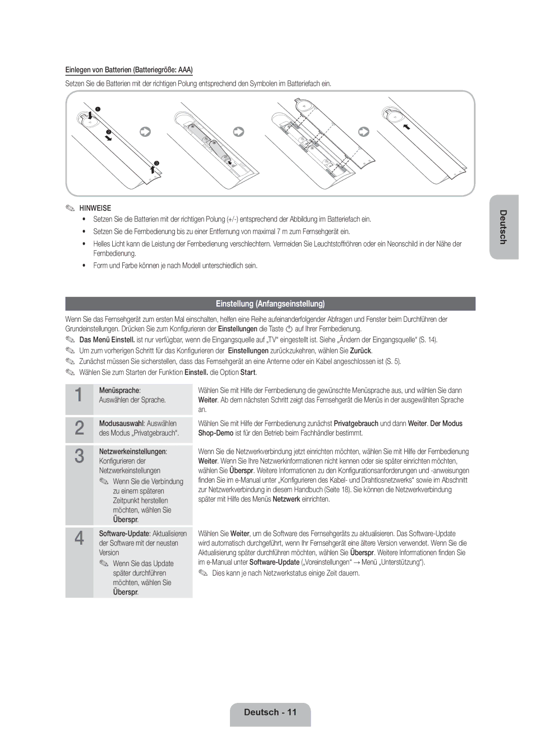 Samsung UE55ES7000SXTK manual Einstellung Anfangseinstellung, Menüsprache Auswählen der Sprache Modusauswahl Auswählen 