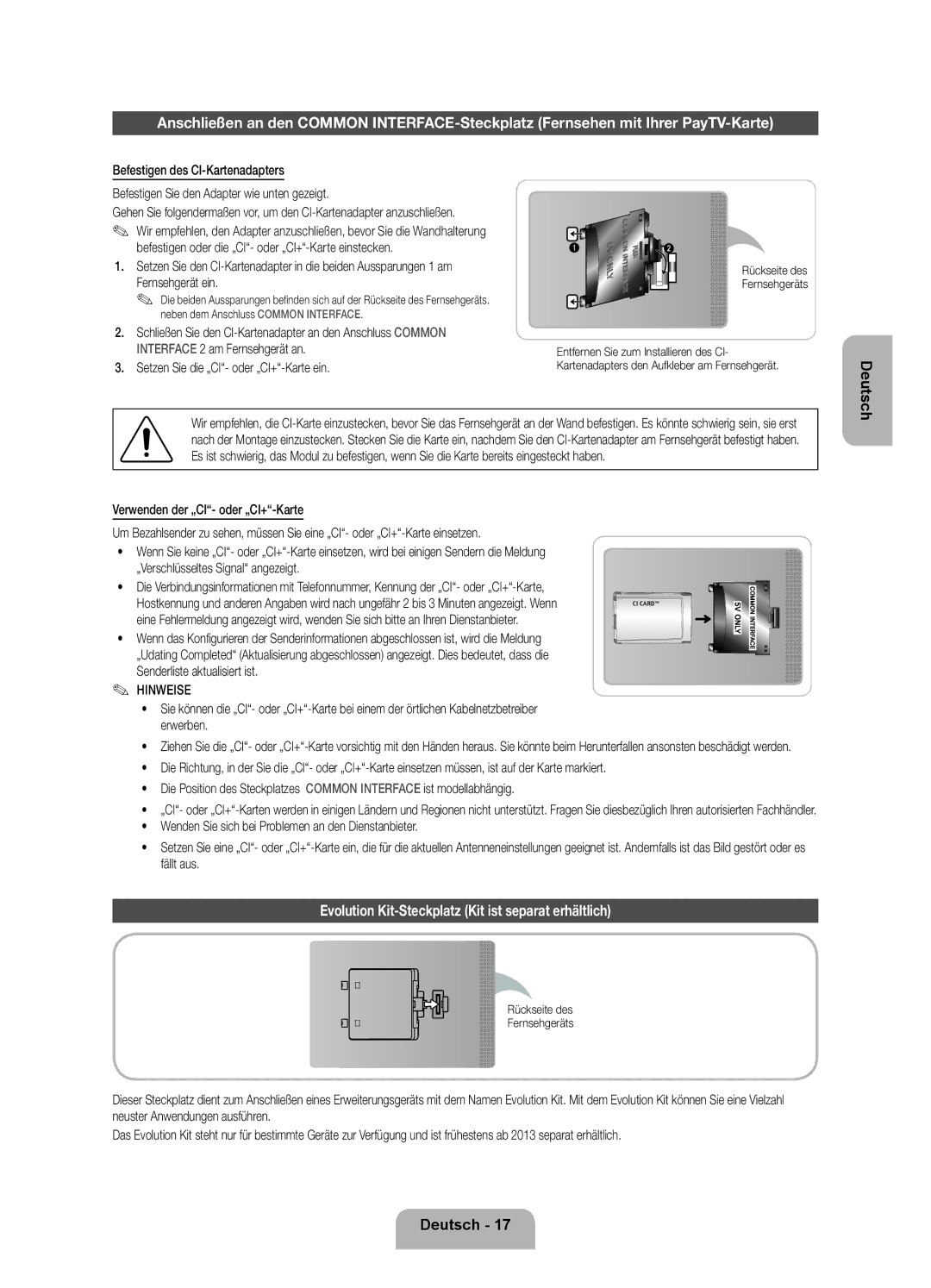 Samsung UE40ES7000SXTK manual Evolution Kit-Steckplatz Kit ist separat erhältlich, Setzen Sie die „CI- oder „CI+-Karte ein 