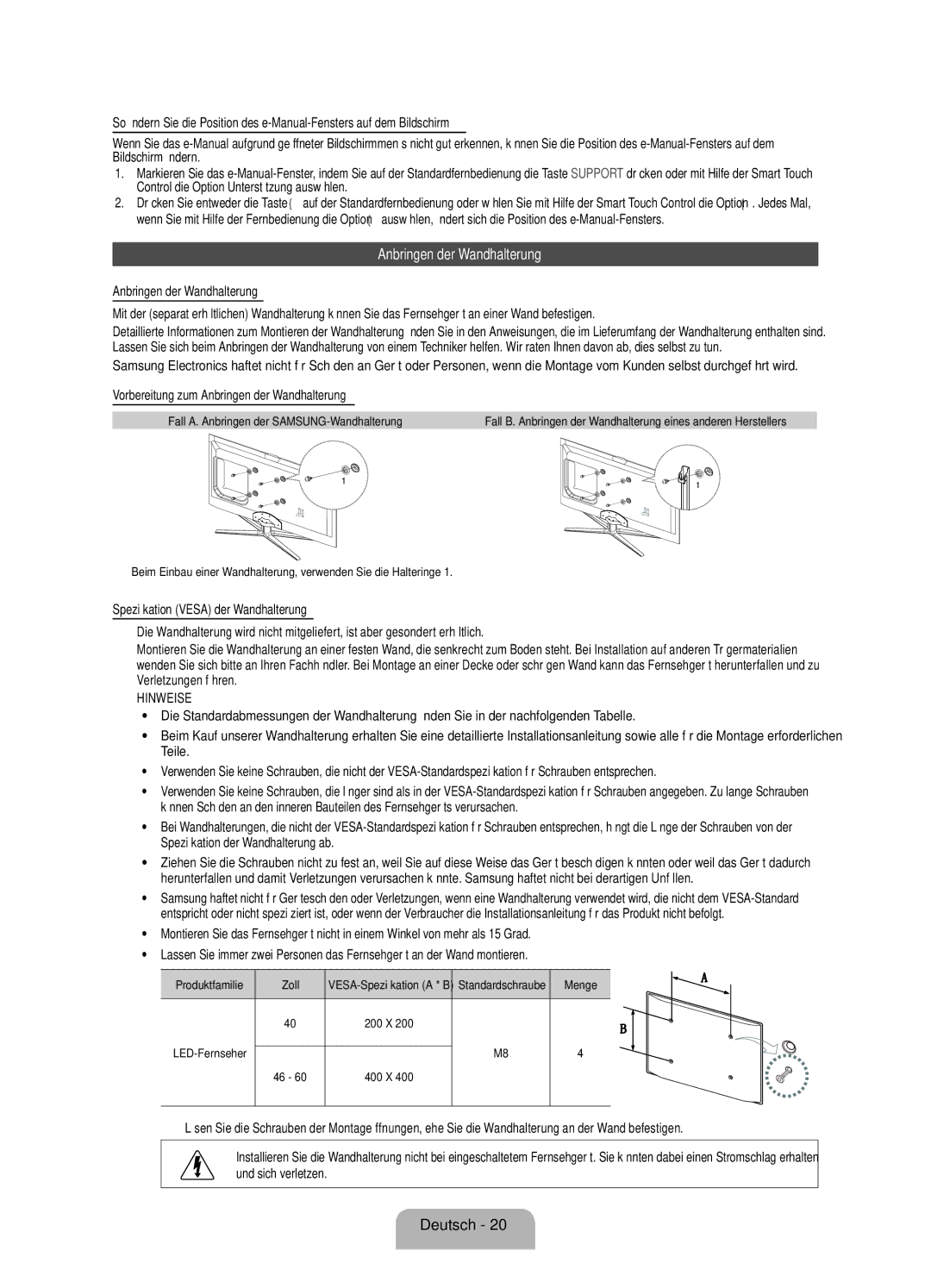 Samsung UE46ES7000SXZF, UE46D7090LSXZG manual Vorbereitung zum Anbringen der Wandhalterung, Produktfamilie Zoll, Menge 