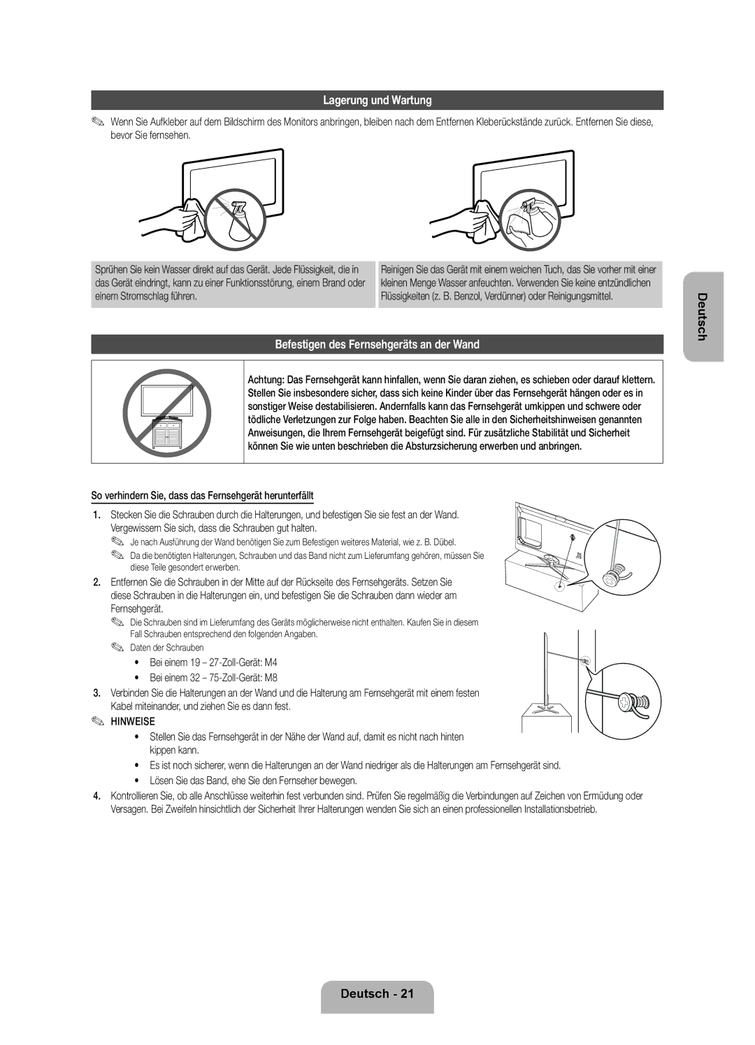 Samsung UE55ES7000SXZF manual Lagerung und Wartung, Befestigen des Fernsehgeräts an der Wand, Einem Stromschlag führen 