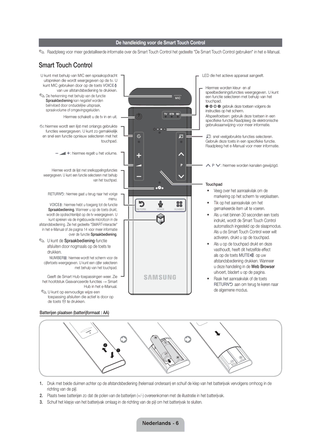 Samsung UE55D7090LSXZG manual De handleiding voor de Smart Touch Control, Hiermee worden kanalen gewijzigd Touchpad 