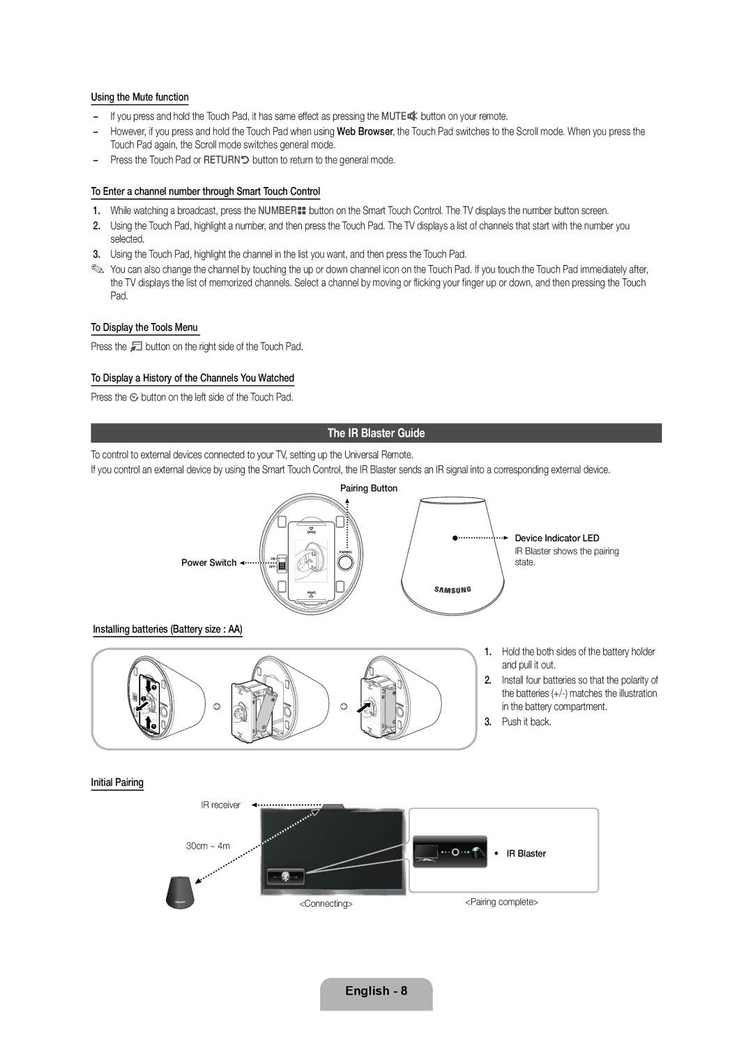 Samsung UE55ES7000SXXN, UE46D7090LSXZG manual IR Blaster Guide, Push it back, IR receiver 30cm ~ 4m Device Indicator LED 