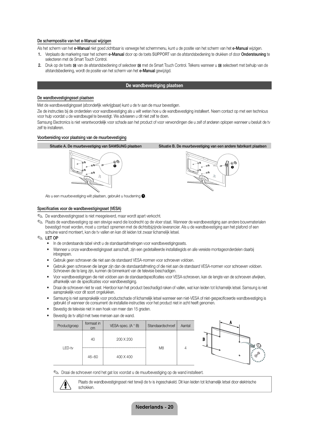 Samsung UE40ES7000SXXC, UE46D7090LSXZG De wandbevestiging plaatsen, De schermpositie van het e-Manual wijzigen, Aantal 