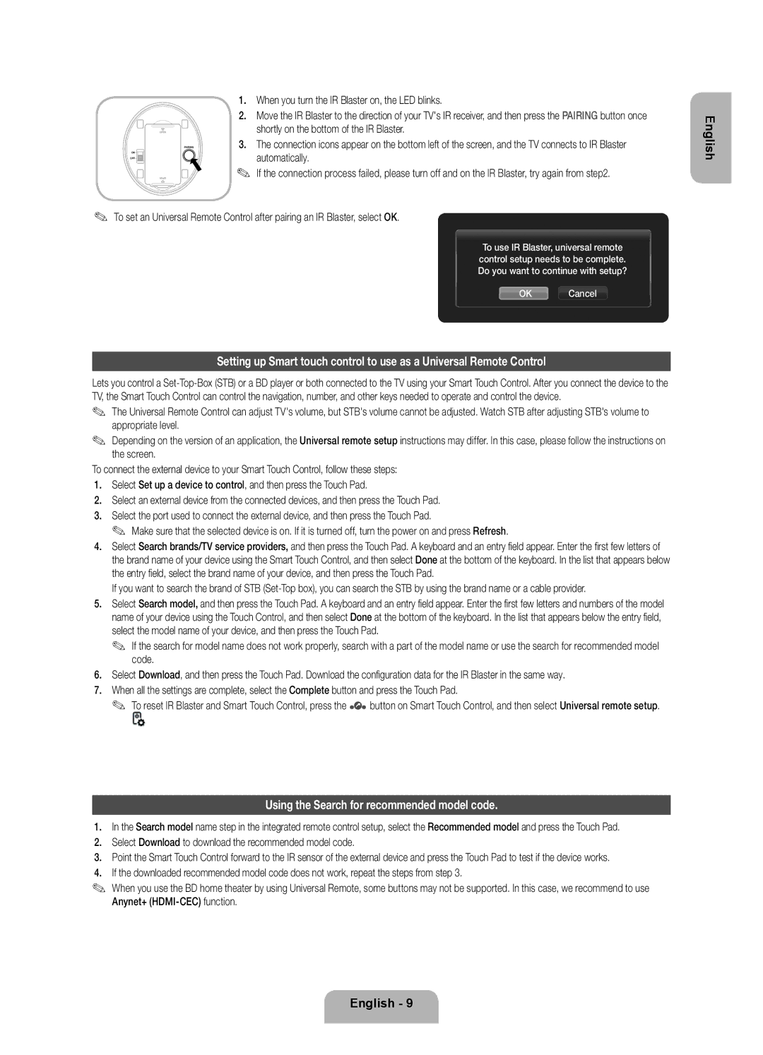 Samsung UE46ES7000SXTK manual Using the Search for recommended model code, When you turn the IR Blaster on, the LED blinks 