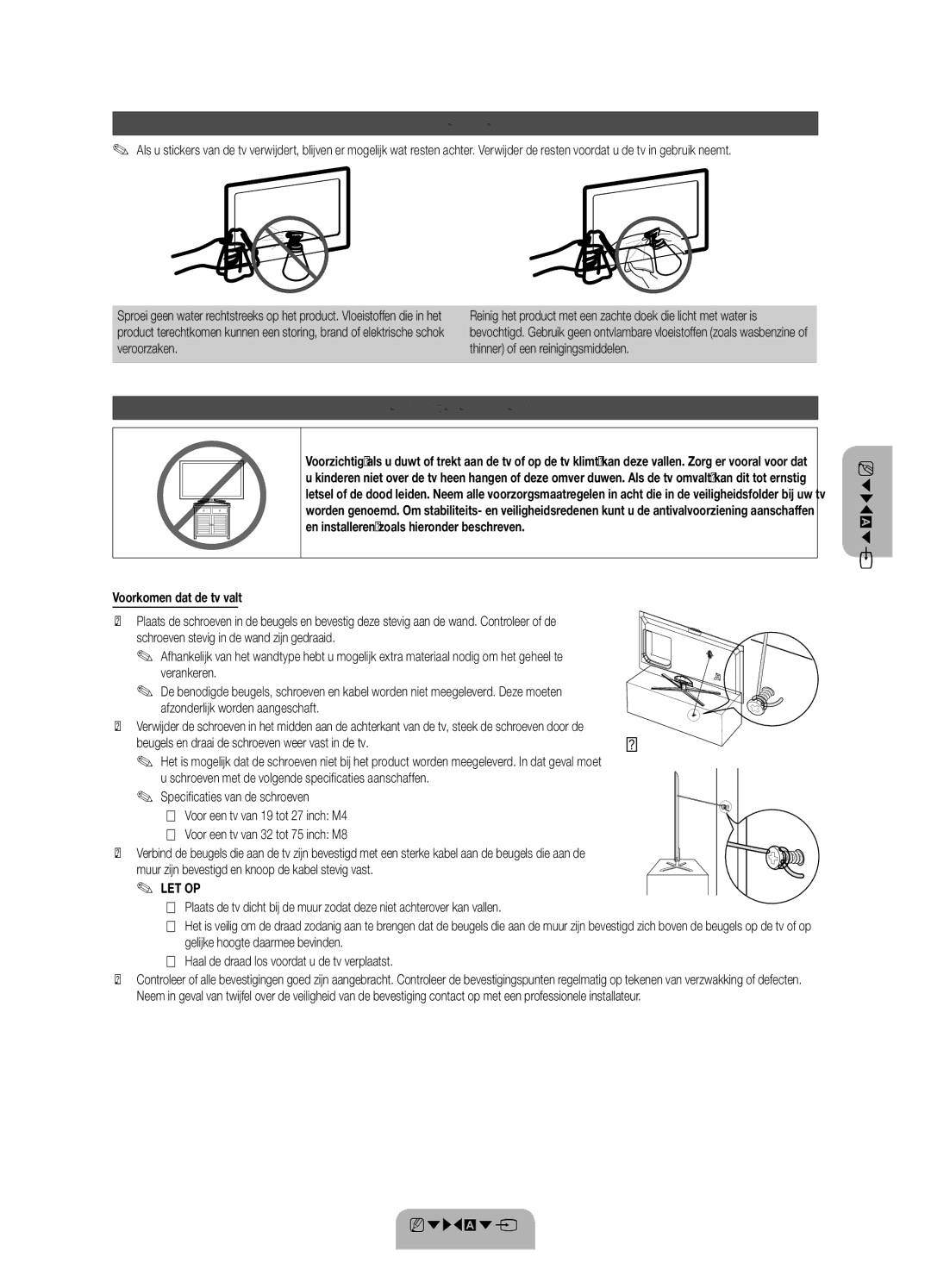 Samsung UE46ES7000SXXH Opslag en onderhoud, De tv vastzetten aan de wand, Veroorzaken Thinner of een reinigingsmiddelen 