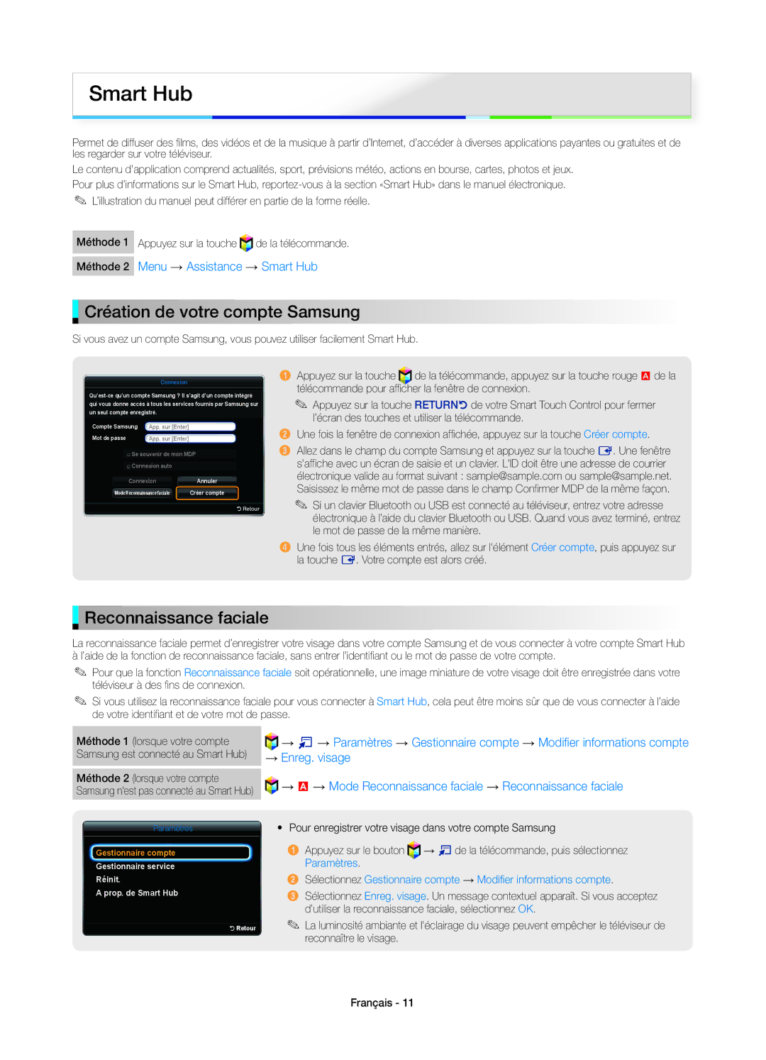 Samsung UE40ES7000SXXH, UE46D7090LSXZG, UE46ES7000SXXC manual Création de votre compte Samsung, Reconnaissance faciale 