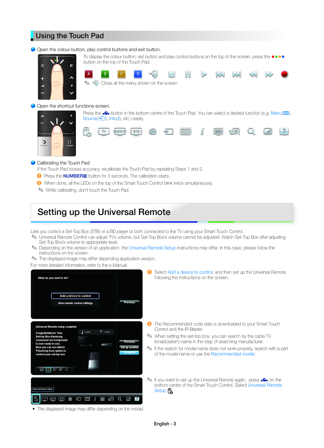 Samsung UE40D7090LSXZG, UE46D7090LSXZG, UE46ES7000SXXC, UE55ES7000SXXH Setting up the Universal Remote, Using the Touch Pad 