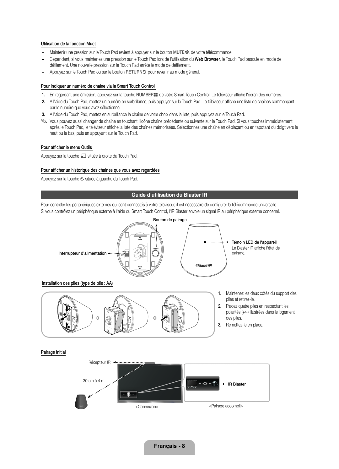 Samsung UE40ES7000SXZF, UE46D7090LSXZG manual Guide dutilisation du Blaster IR, Français, Interrupteur dalimentation 