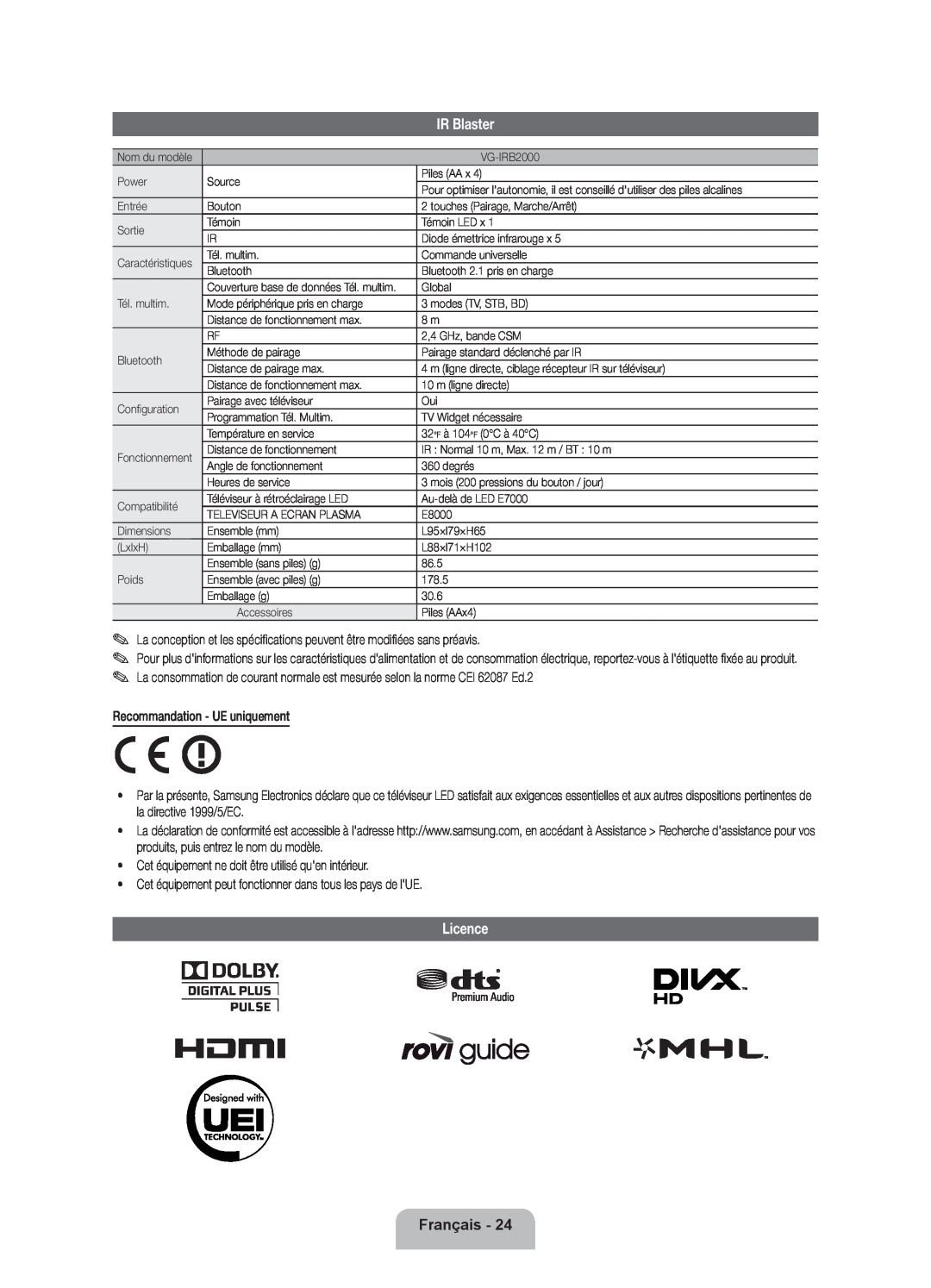 Samsung UE46ES7000SXXN, UE46D7090LSXZG, UE46ES7000SXXC manual IR Blaster, Licence, Français, Recommandation - UE uniquement 