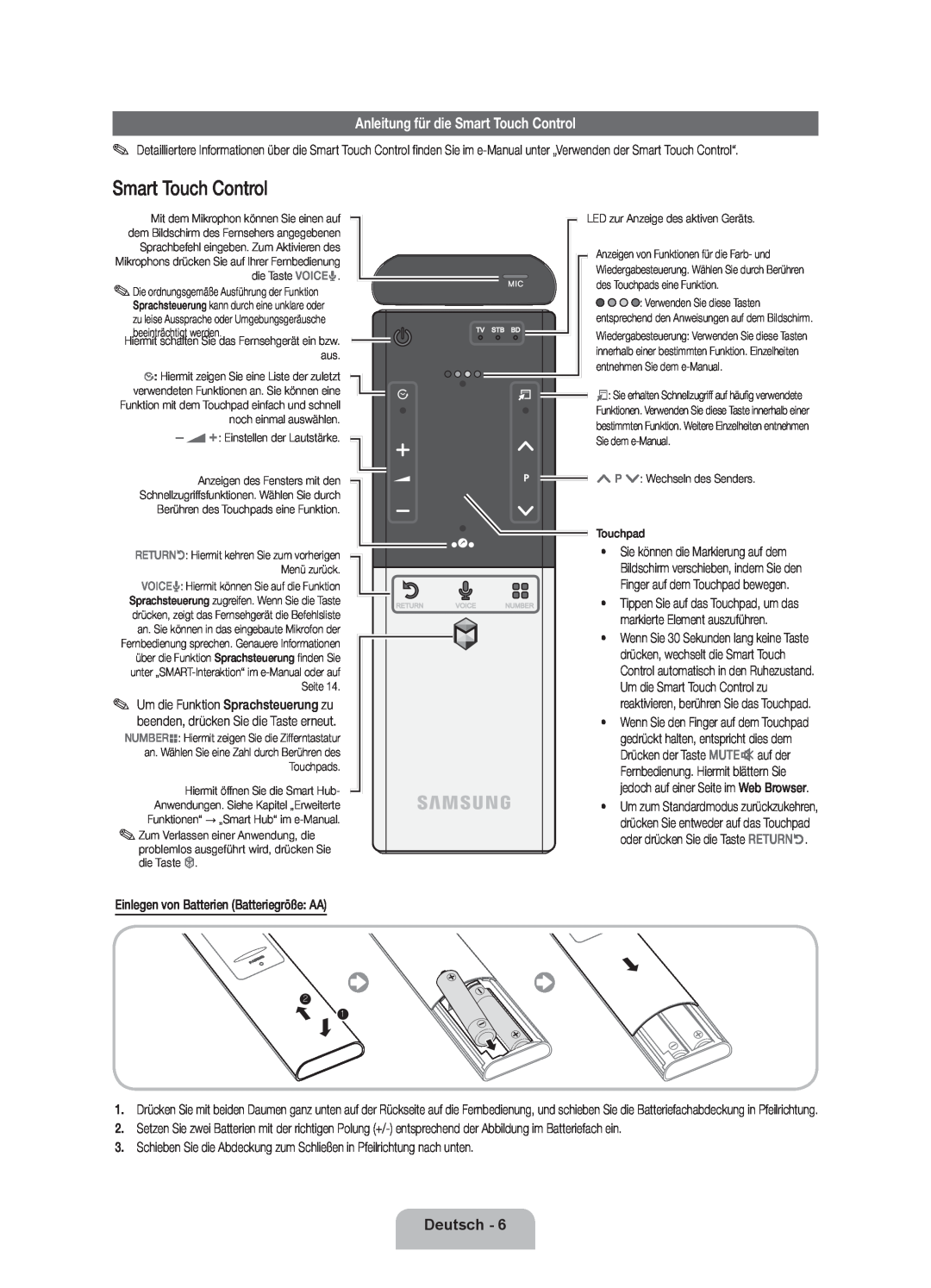 Samsung UE46ES7000SXXC, UE46D7090LSXZG, UE55ES7000SXXH, UE40D7090LSXZG manual Anleitung für die Smart Touch Control, Deutsch 