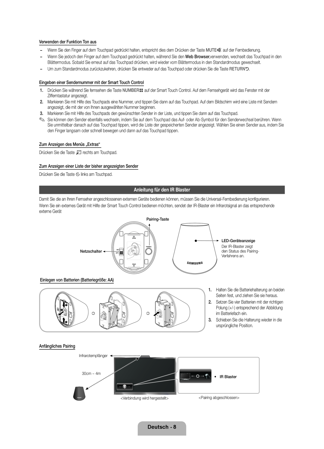 Samsung UE40D7090LSXZG, UE46D7090LSXZG manual Anleitung für den IR Blaster, Deutsch, Einlegen von Batterien Batteriegröße AA 