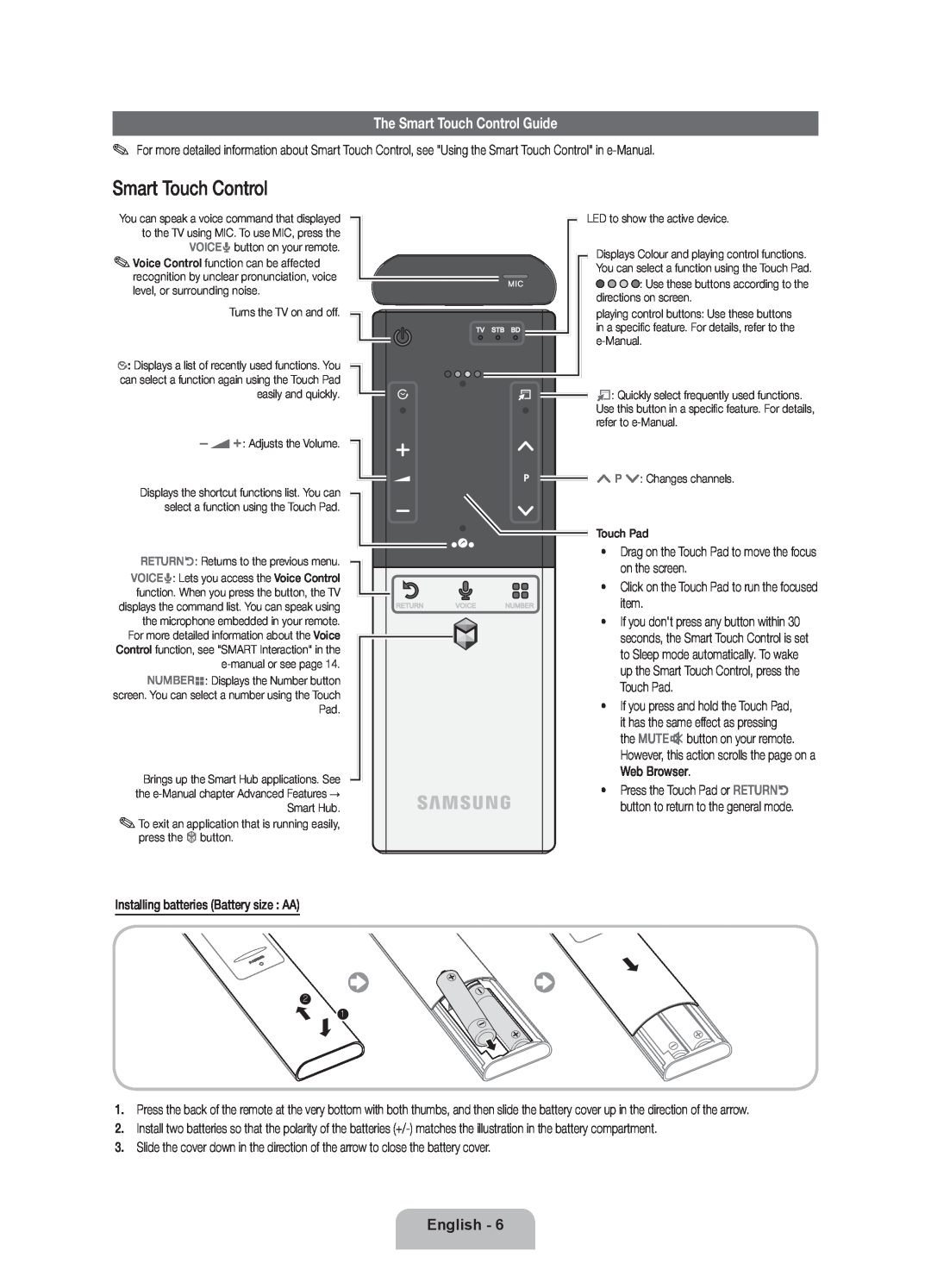 Samsung UE55ES7000SXTK, UE46D7090LSXZG, UE46ES7000SXXC, UE55ES7000SXXH manual The Smart Touch Control Guide, English 