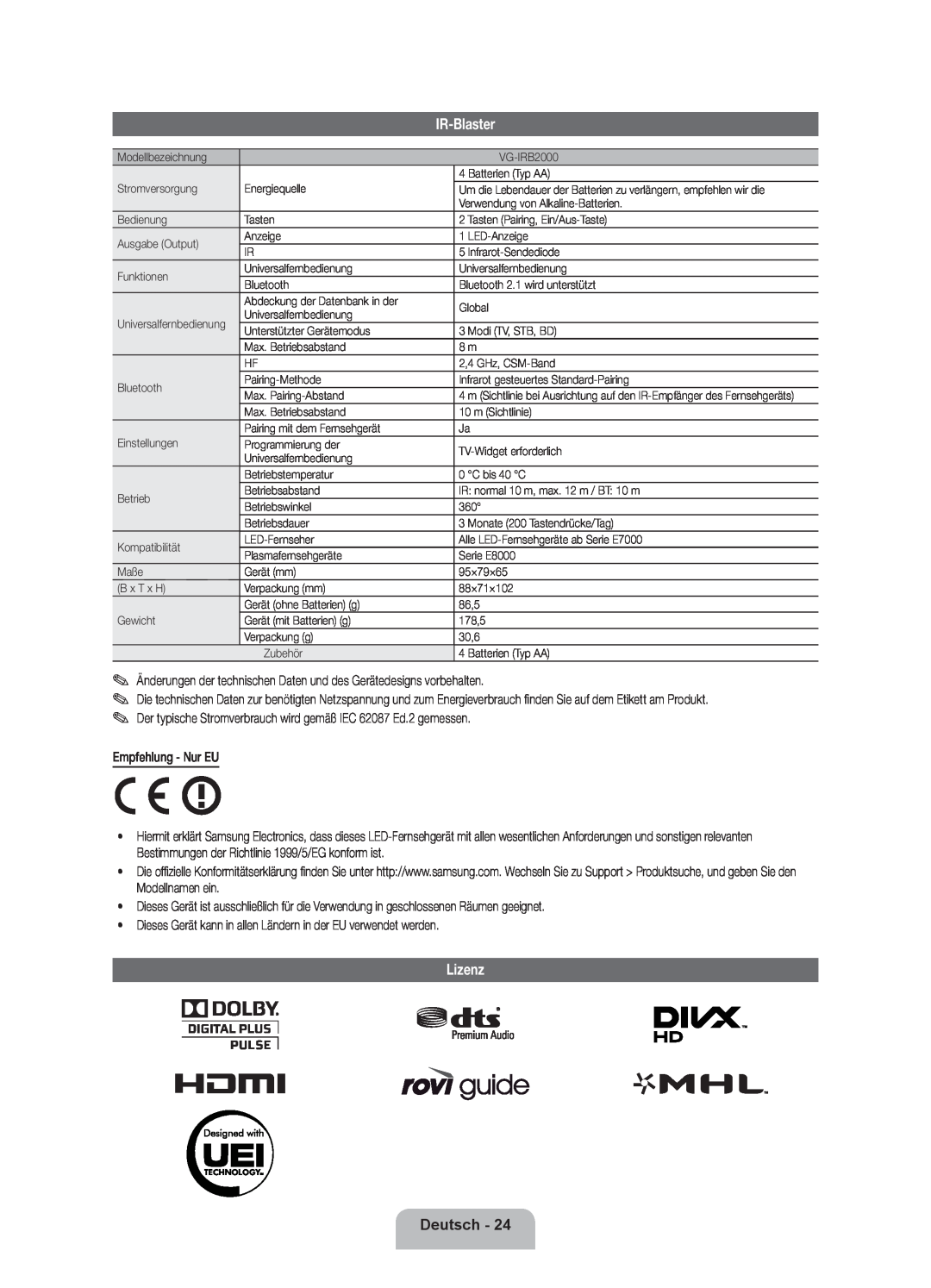 Samsung UE55ES7000SXXH IR-Blaster, Lizenz, Deutsch, Änderungen der technischen Daten und des Gerätedesigns vorbehalten 
