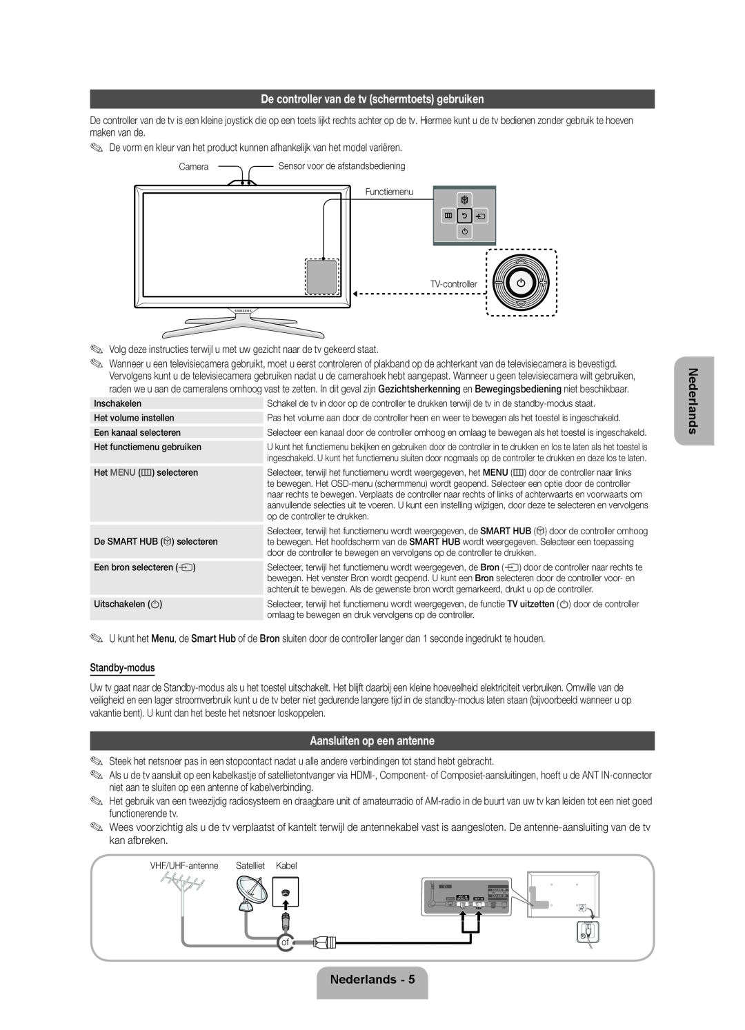 Samsung UE55ES7000SXTK manual De controller van de tv schermtoets gebruiken, Aansluiten op een antenne, Nederlands 