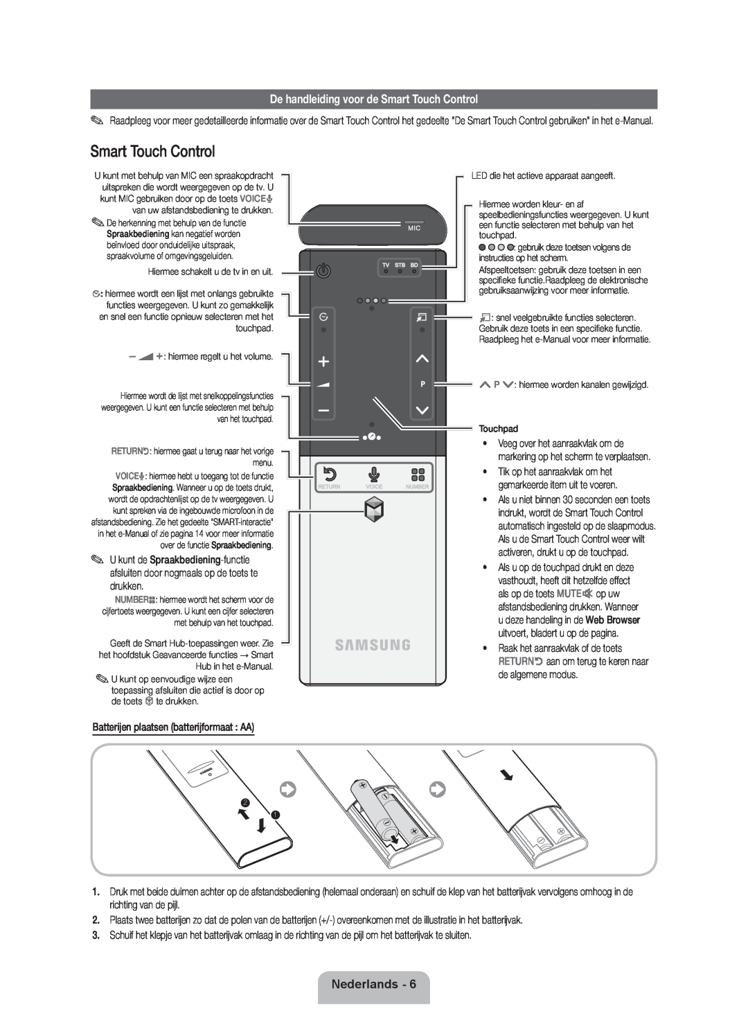 Samsung UE55D7090LSXZG, UE46D7090LSXZG, UE46ES7000SXXC manual De handleiding voor de Smart Touch Control, Nederlands 